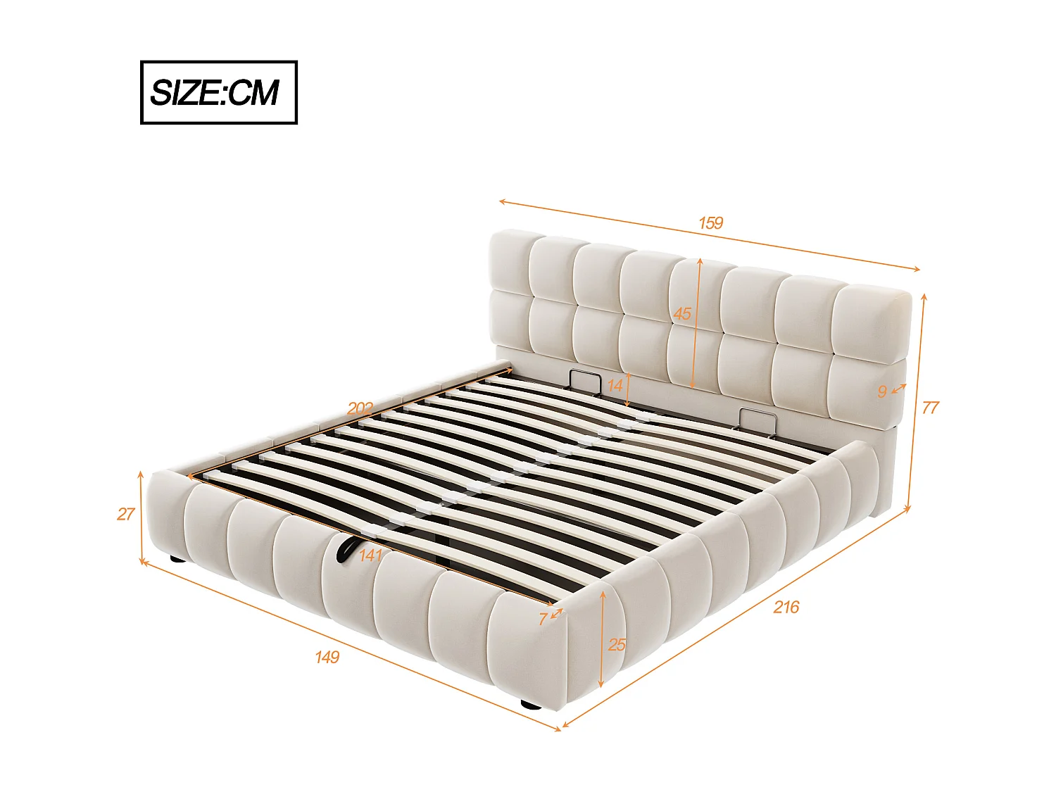 Lit coffre rembourré 140x200 cm - lit double - Velours - Beige (matelas non inclus)