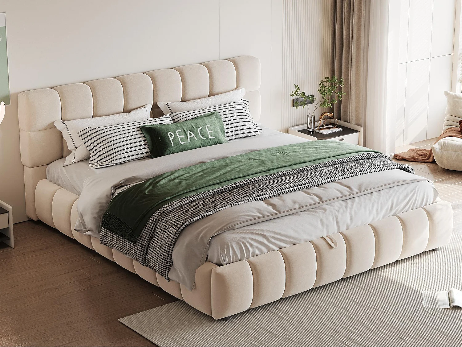 Lit coffre rembourré 140x200 cm - lit double - Velours - Beige (matelas non inclus)