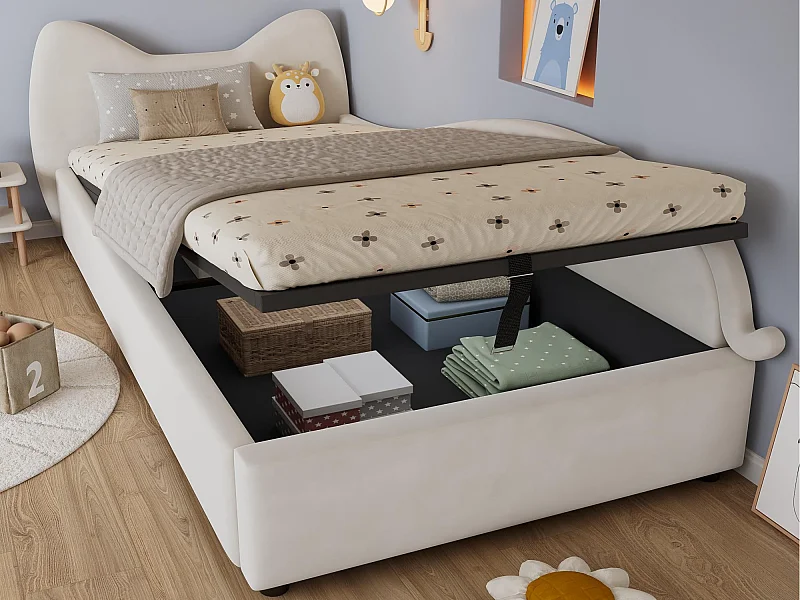 Kinder-Stauraumbett 90×200 cm - Katzenohr-Kopfteil - rechte Schutzseite - mit Lattenrost - Samt + Sperrholz - Beige