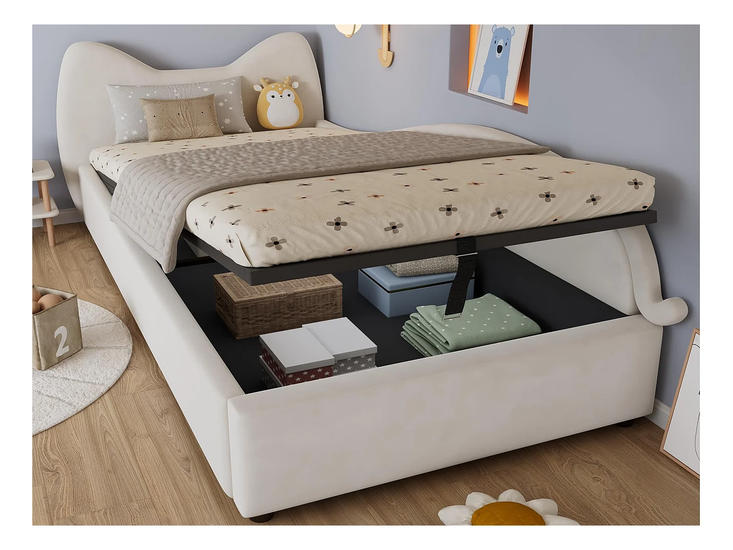 Lit coffre pour enfants 90x200cm - tête de lit en forme de chat - clôture de droite - avec sommier à lattes - velours + contreplaqué - Beige
