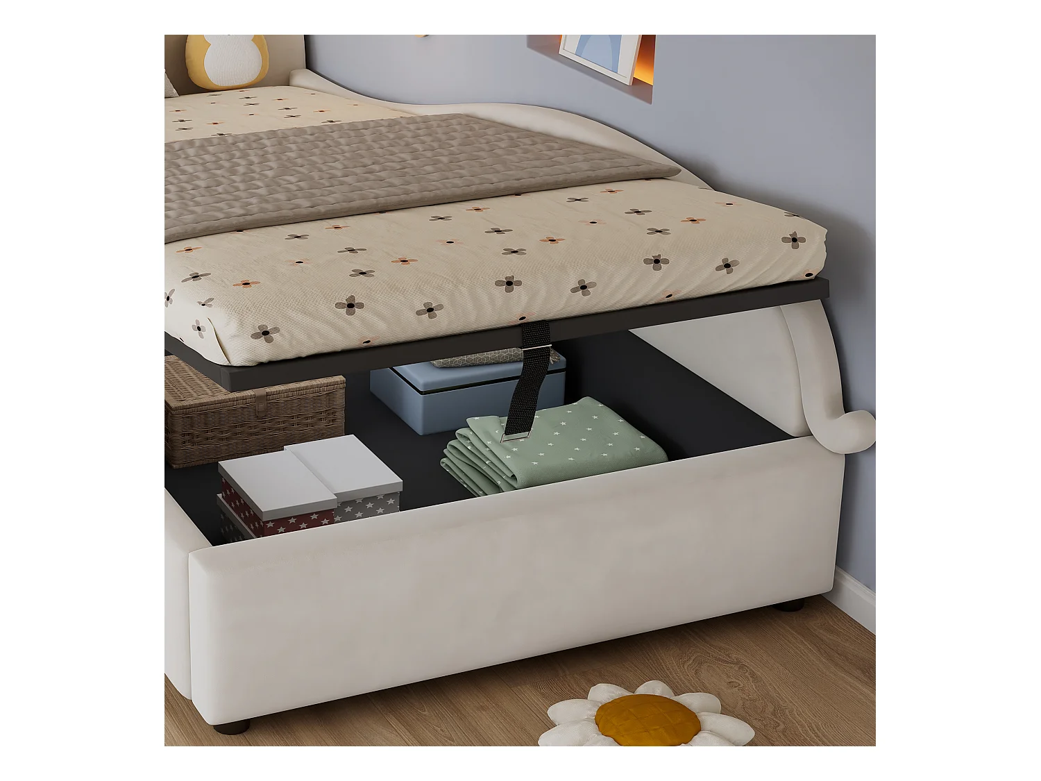 Lit coffre pour enfants 90x200cm - tête de lit en forme de chat - clôture de droite - avec sommier à lattes - velours + contreplaqué - Beige