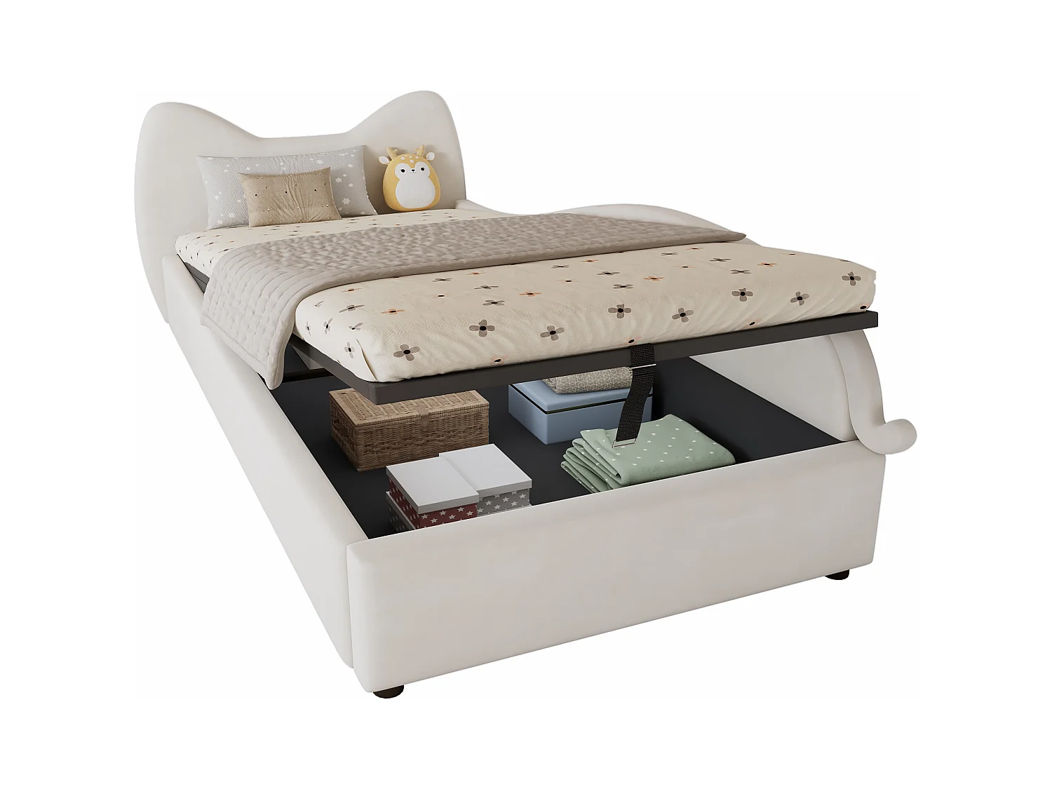 Lit coffre pour enfants 90x200cm - tête de lit en forme de chat - clôture de droite - avec sommier à lattes - velours + contreplaqué - Beige