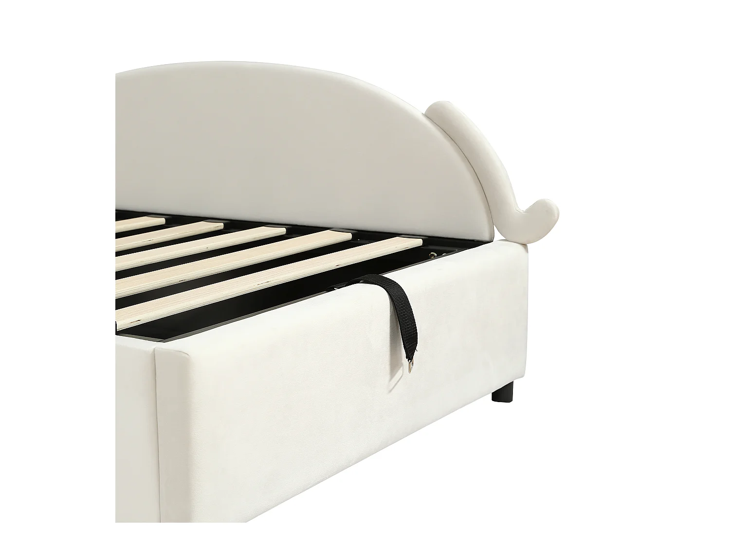 Lit coffre pour enfants 90x200cm - tête de lit en forme de chat - clôture de droite - avec sommier à lattes - velours + contreplaqué - Beige