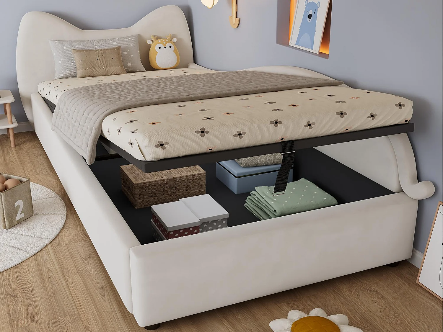 Kinder-Stauraumbett 90×200 cm - Katzenohr-Kopfteil - rechte Schutzseite - mit Lattenrost - Samt + Sperrholz - Beige