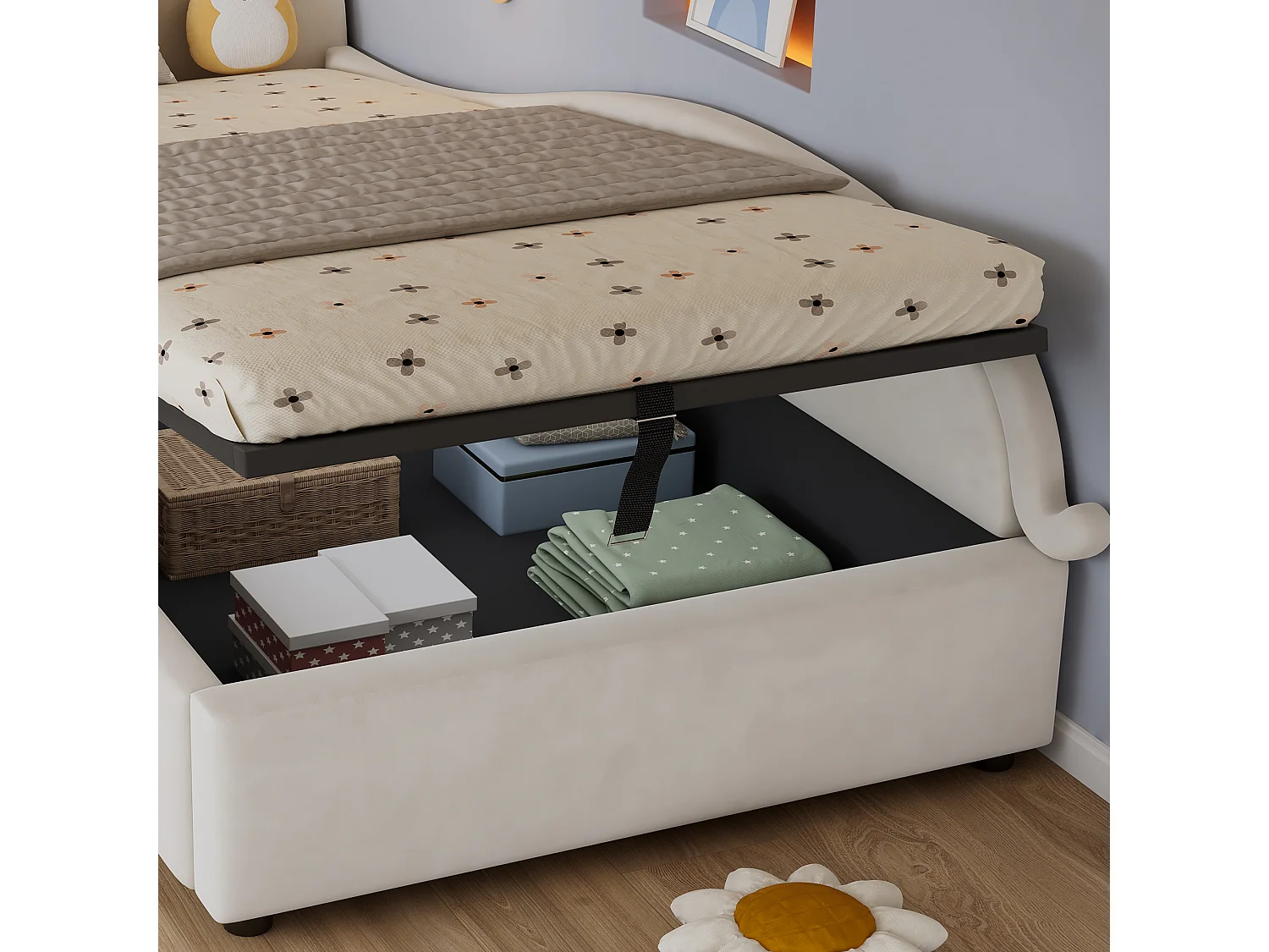 Kinder-Stauraumbett 90×200 cm - Katzenohr-Kopfteil - rechte Schutzseite - mit Lattenrost - Samt + Sperrholz - Beige