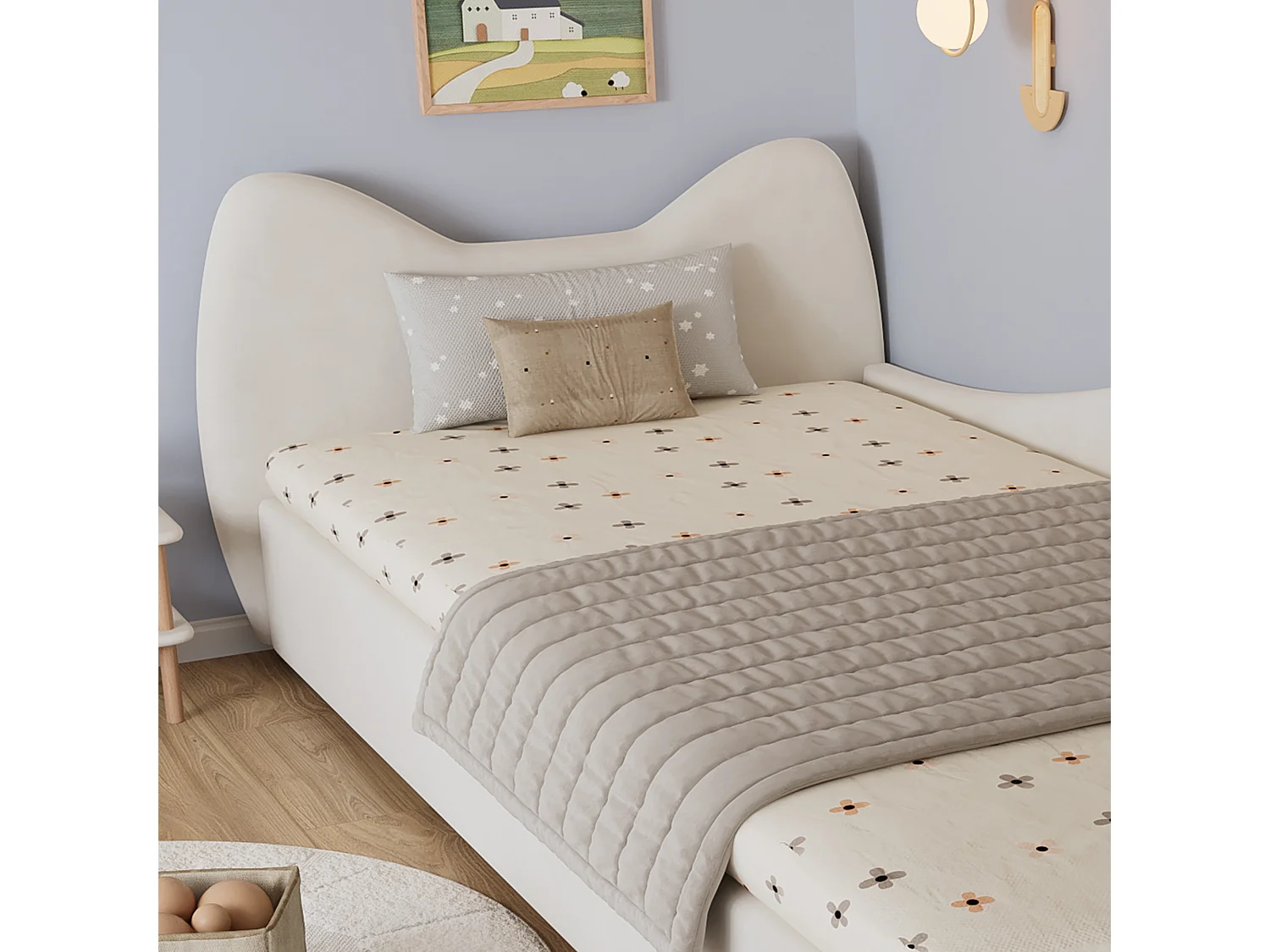 Kinder-Stauraumbett 90×200 cm - Katzenohr-Kopfteil - rechte Schutzseite - mit Lattenrost - Samt + Sperrholz - Beige