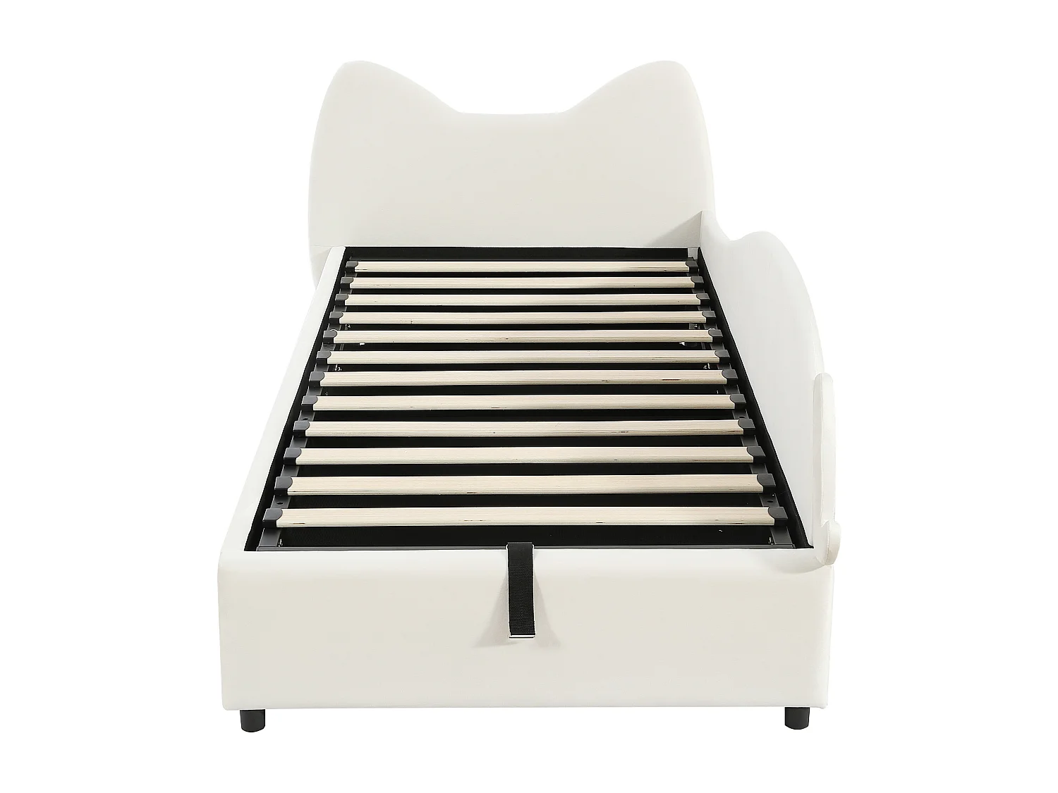 Kinder-Stauraumbett 90×200 cm - Katzenohr-Kopfteil - rechte Schutzseite - mit Lattenrost - Samt + Sperrholz - Beige