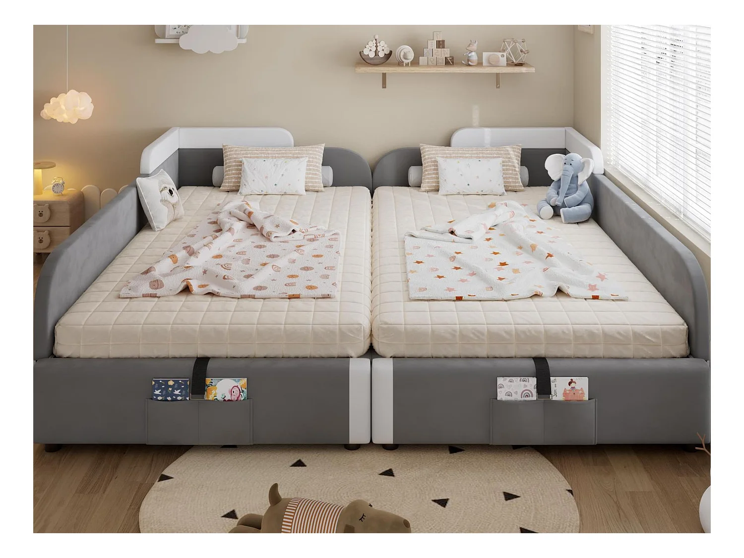 Lit coffre pour enfants 180x200cm - lit double épissé - avec sac de rangement - avec sommier à lattes - velours + contreplaqué - Gris
