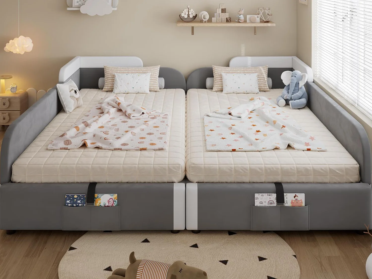 Lit coffre pour enfants 180x200cm - lit double épissé - avec sac de rangement - avec sommier à lattes - velours + contreplaqué - Gris