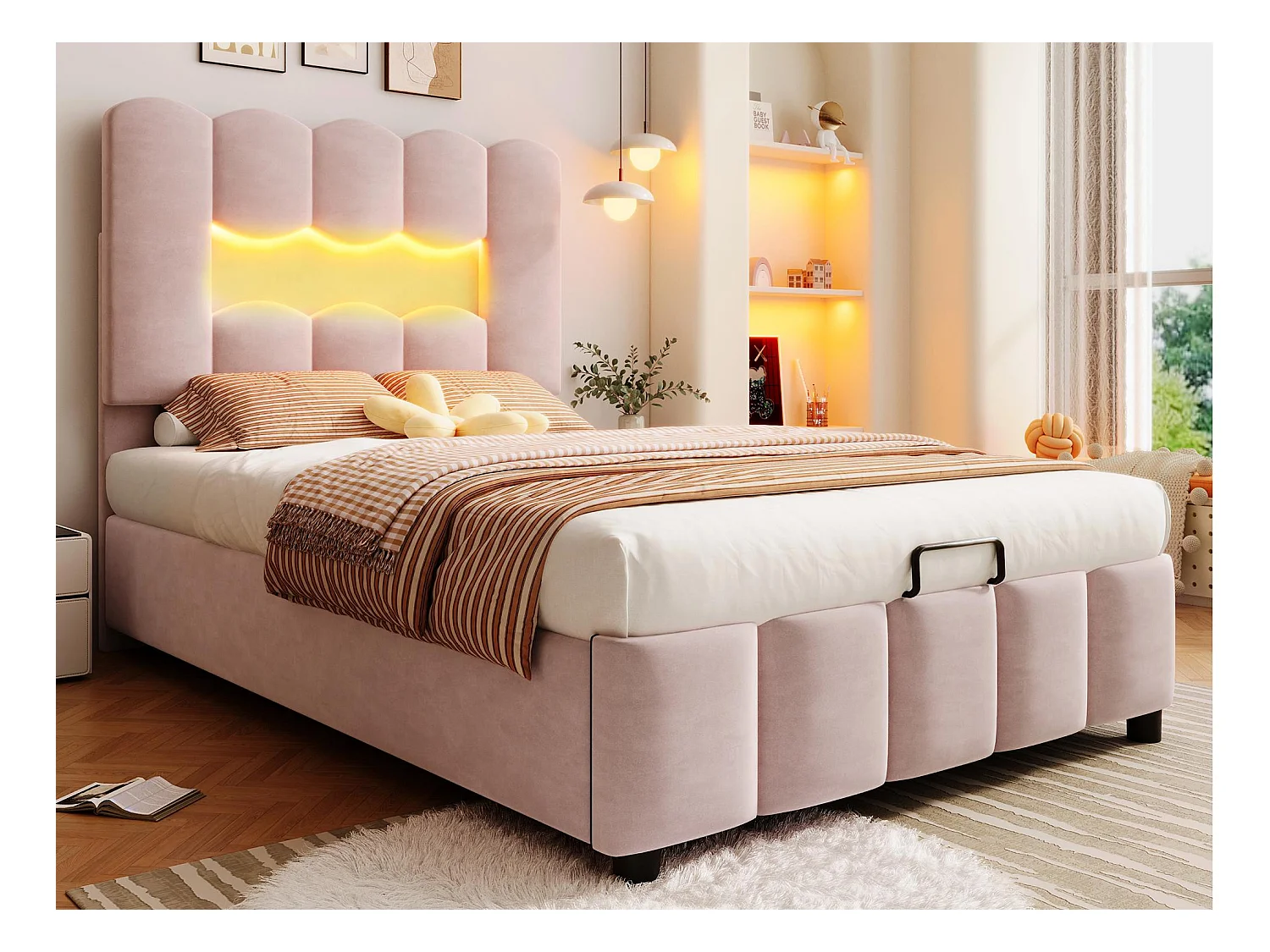 Lit coffre capitonné 90 x 200 cm - avec éclairage LED - tête de lit réglable - velours - rose (matelas non inclus)
