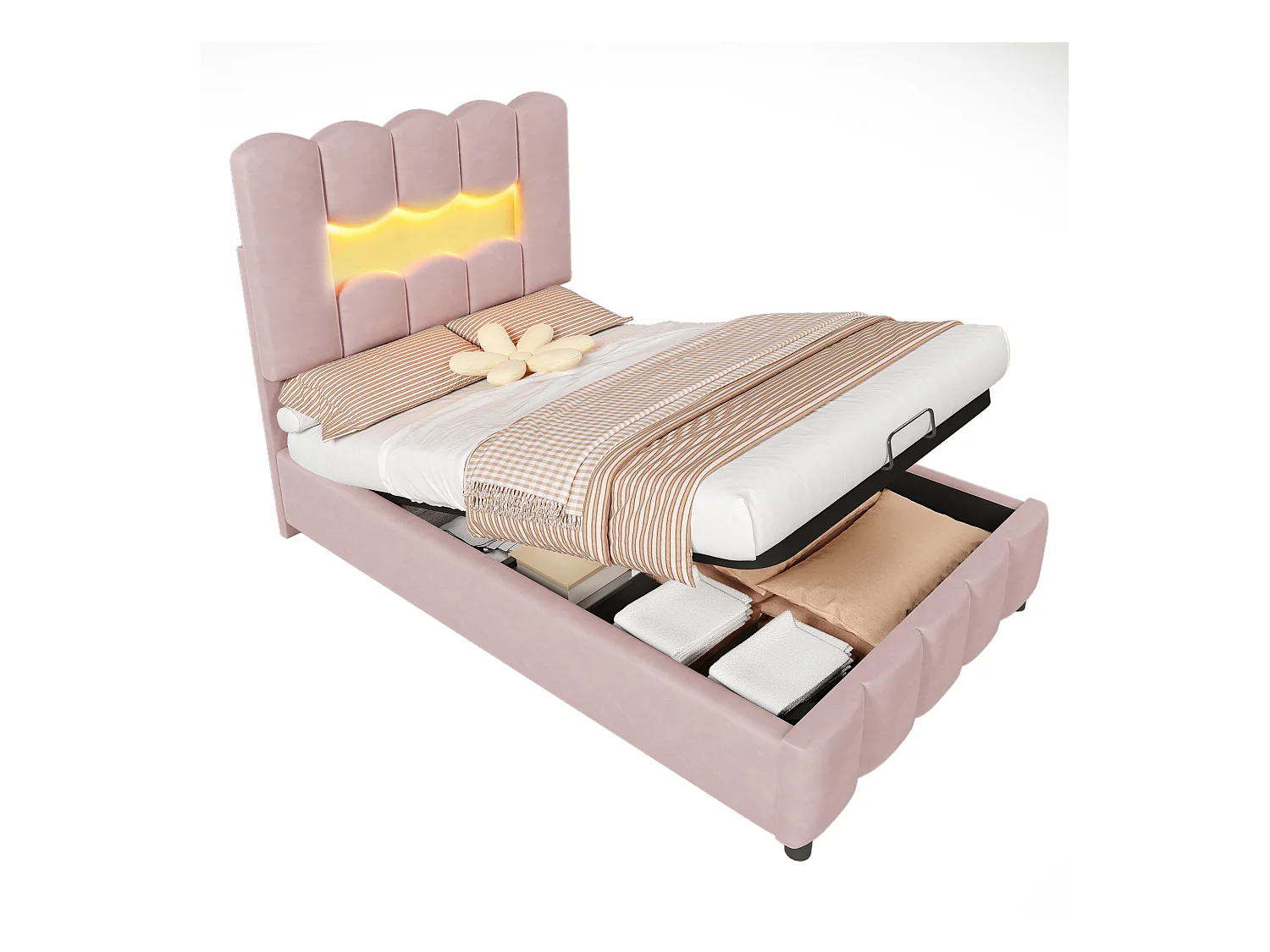 Lit coffre capitonné 90 x 200 cm - avec éclairage LED - tête de lit réglable - velours - rose (matelas non inclus)