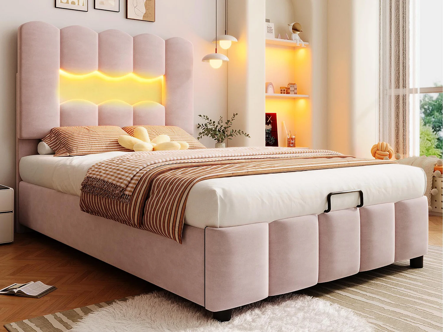 Gestoffeerd opbergbed 90×200 cm - met LED-verlichting - verstelbaar hoofdeinde - fluweel - roze (matras niet inbegrepen)