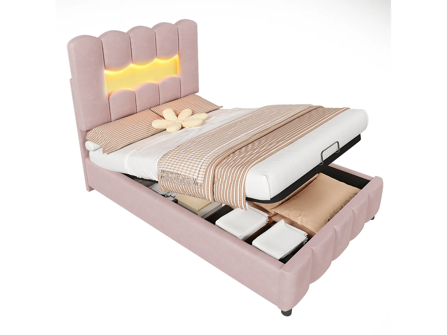 Gestoffeerd opbergbed 90×200 cm - met LED-verlichting - verstelbaar hoofdeinde - fluweel - roze (matras niet inbegrepen)