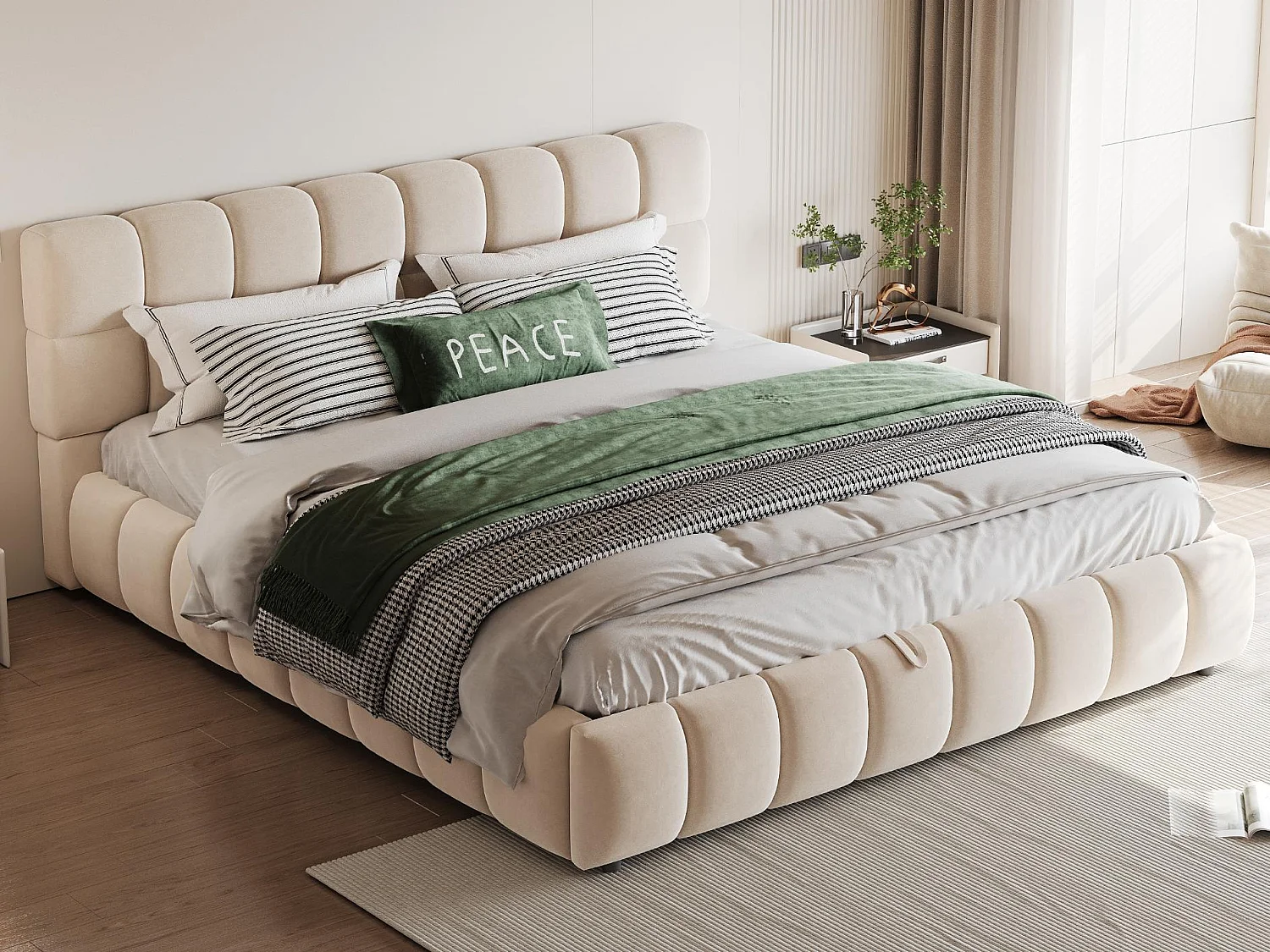 Cama estofada com armazenamento 140×190 cm - Cama de casal - Veludo - Bege (colchão não incluído)