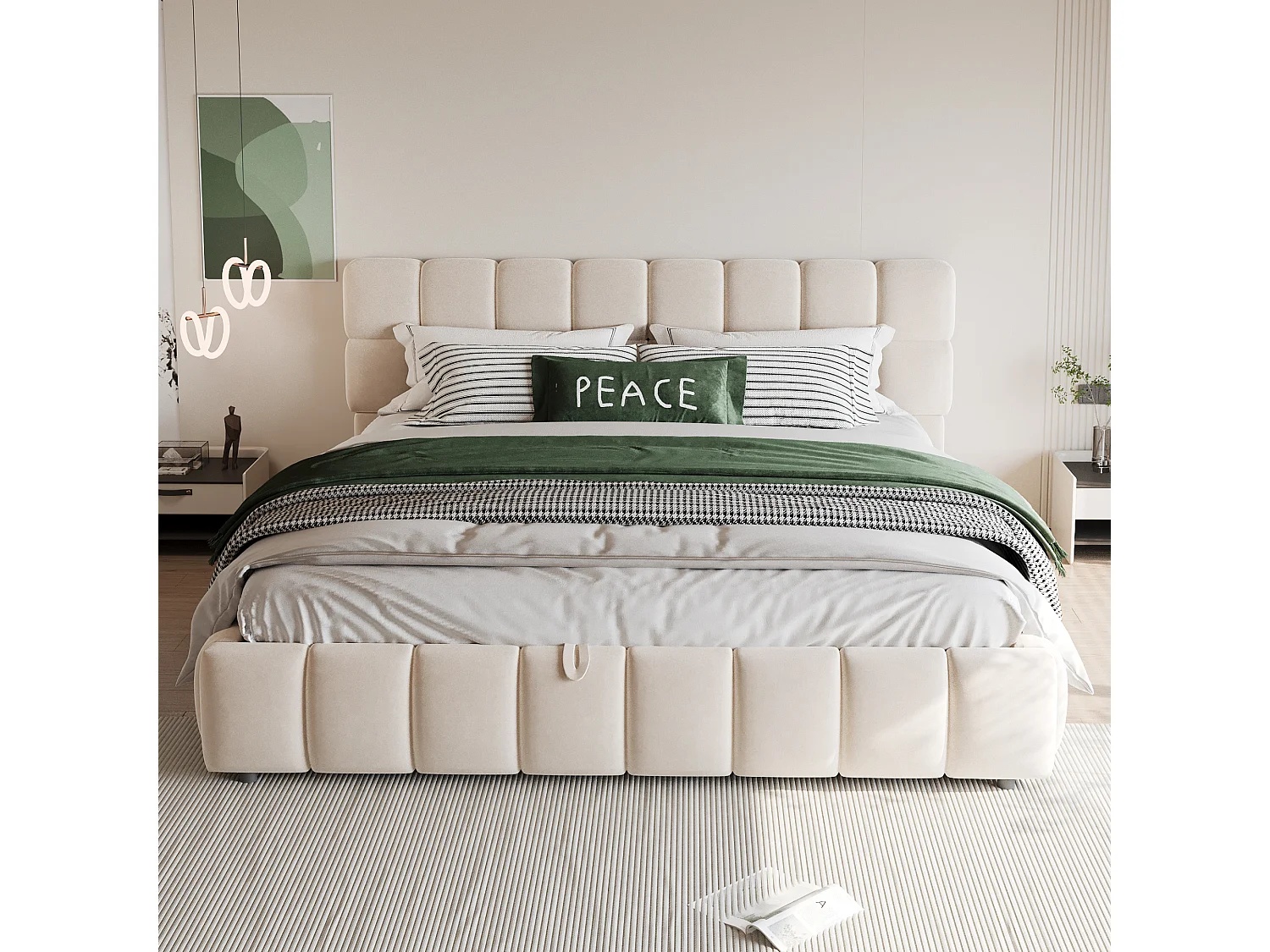 Cama estofada com armazenamento 140×190 cm - Cama de casal - Veludo - Bege (colchão não incluído)