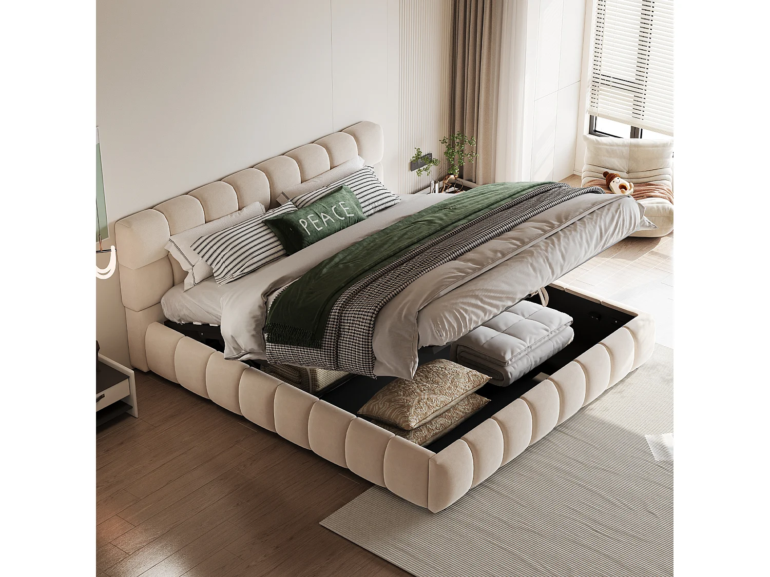Cama estofada com armazenamento 140×190 cm - Cama de casal - Veludo - Bege (colchão não incluído)