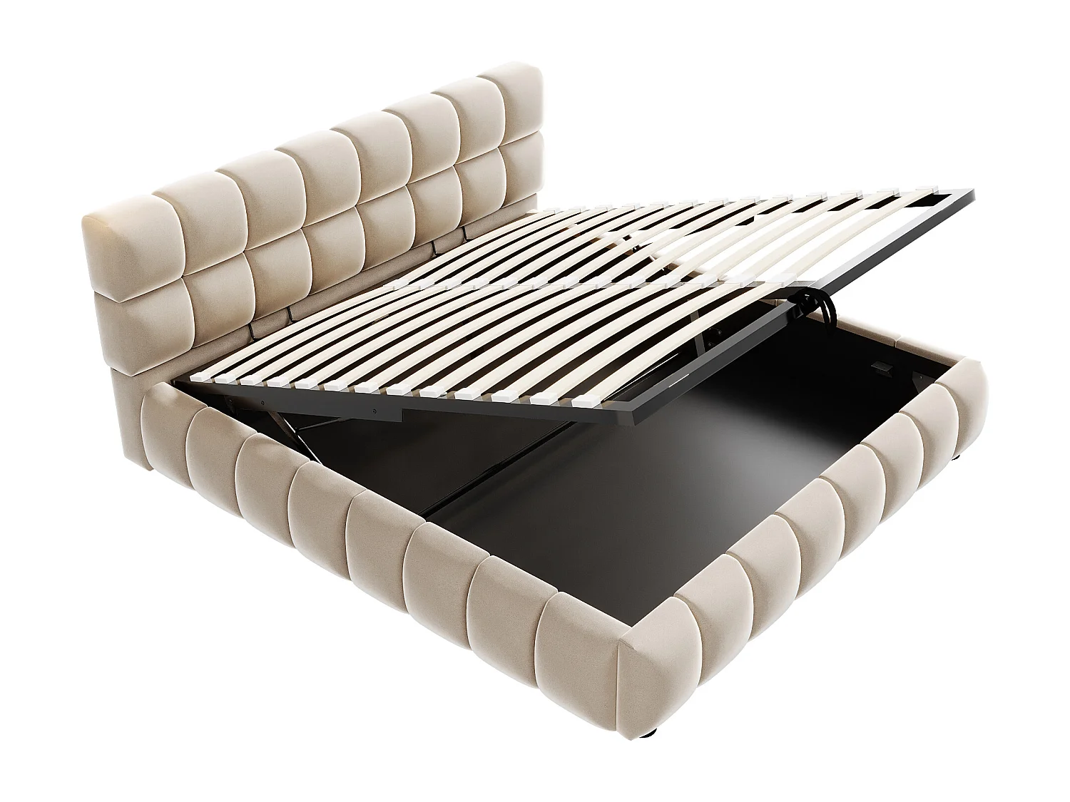 Cama estofada com armazenamento 140×190 cm - Cama de casal - Veludo - Bege (colchão não incluído)