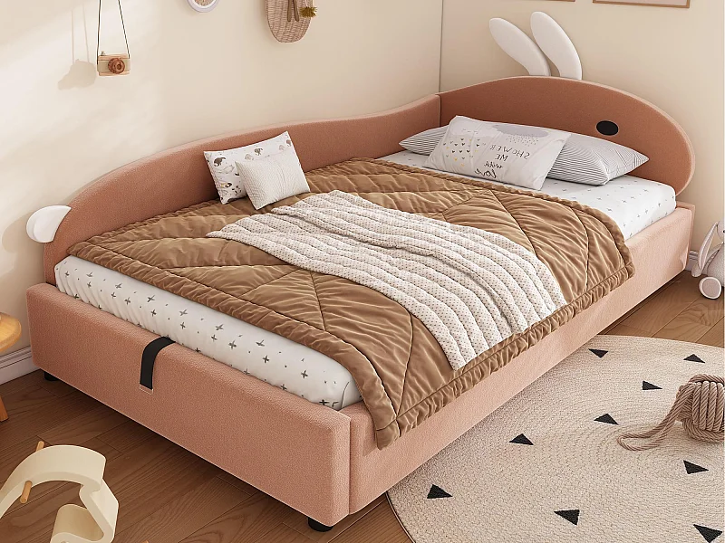 Kinder-Stauraumbett 90×200 cm - Hasenohr-Kopfende - linkes Schutzgitter - mit Lattenrost - Samt + Sperrholz - Rosa