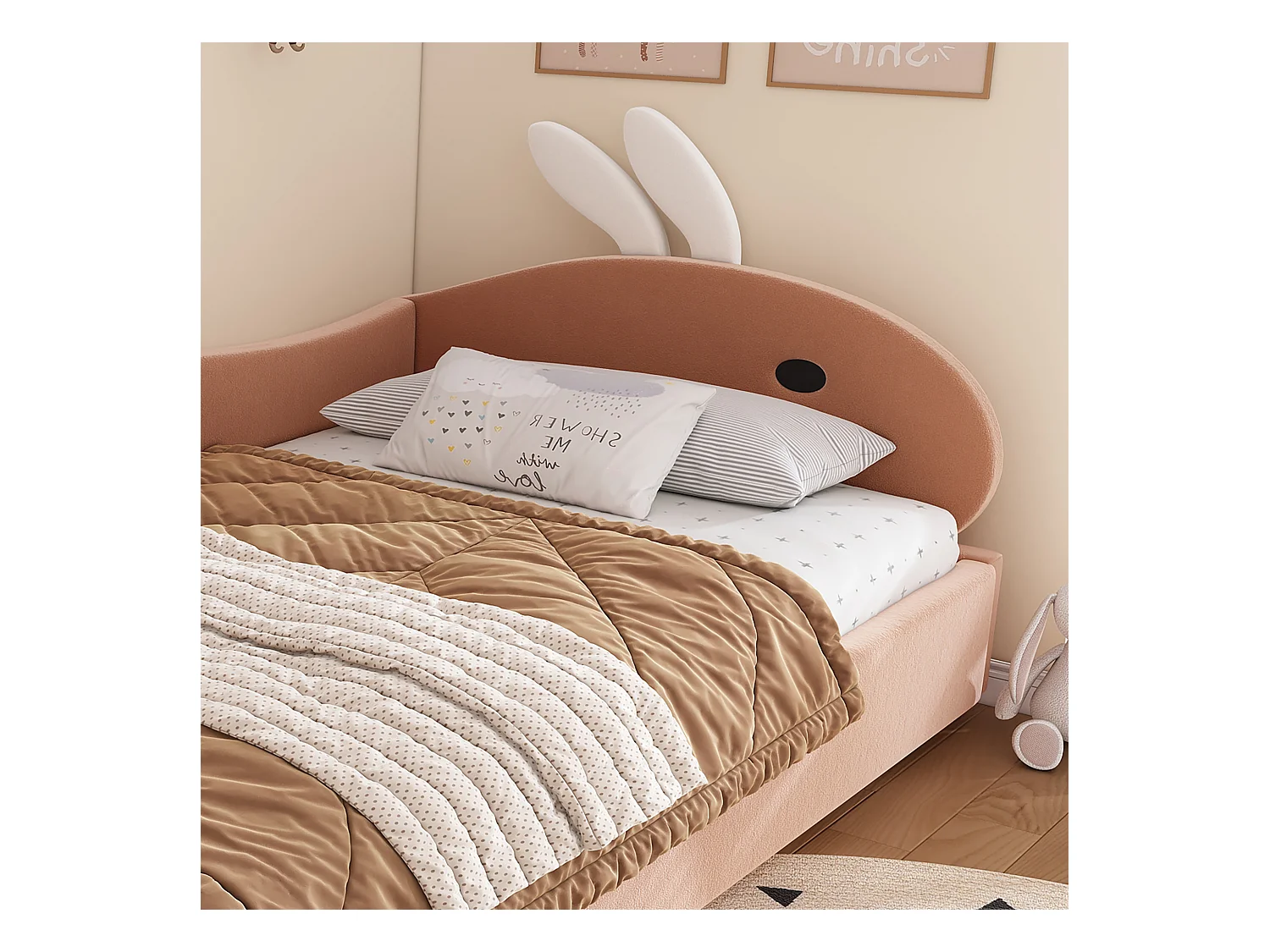 Lit coffre pour enfants 90x200cm - tête de lit en forme de lapin - clôture de gauche - avec sommier à lattes - velours + contreplaqué - Rose