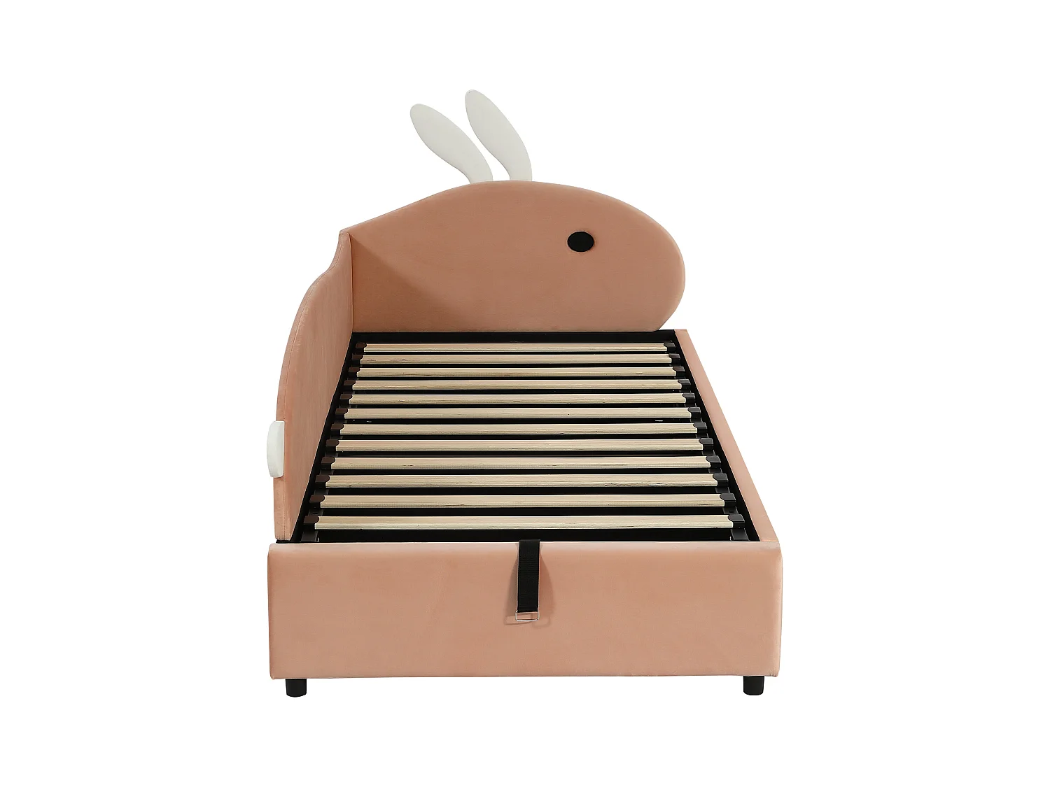 Lit coffre pour enfants 90x200cm - tête de lit en forme de lapin - clôture de gauche - avec sommier à lattes - velours + contreplaqué - Rose
