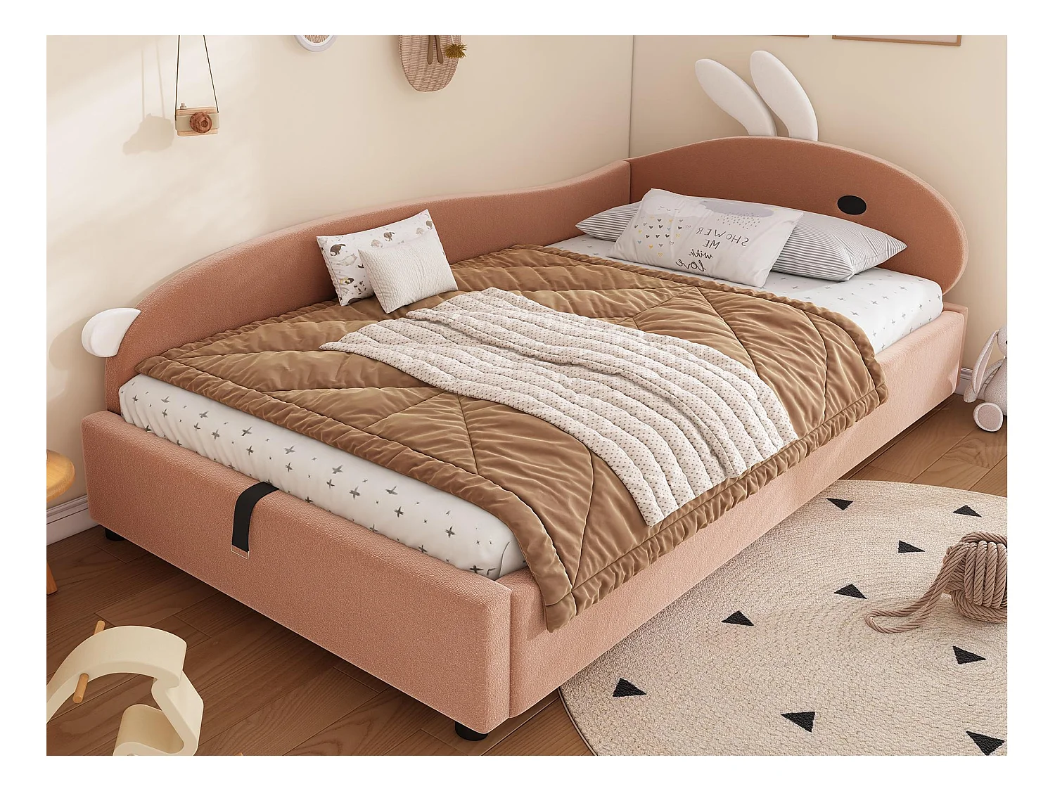 Cama baúl infantil 90×200 cm - cabecero con orejas de conejo - barandilla izquierda - con somier de láminas - terciopelo + contrachapado - Rosa