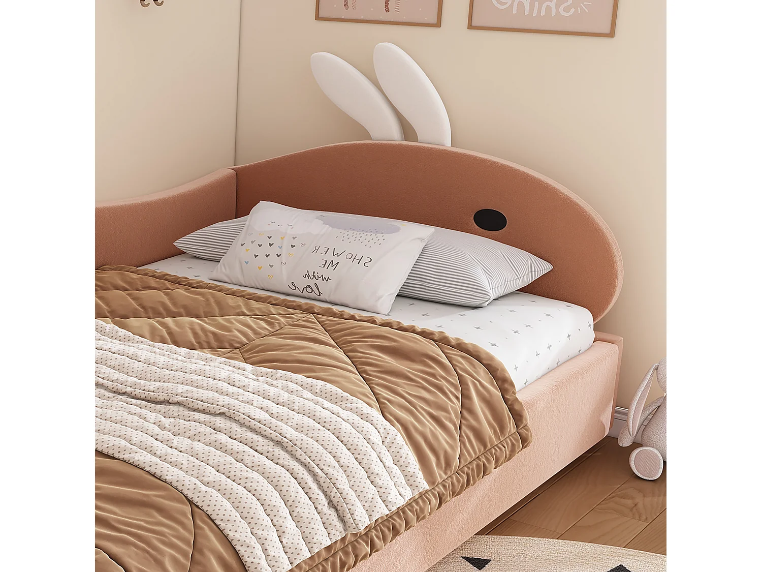 Lit coffre pour enfants 90x200cm - tête de lit en forme de lapin - clôture de gauche - avec sommier à lattes - velours + contreplaqué - Rose