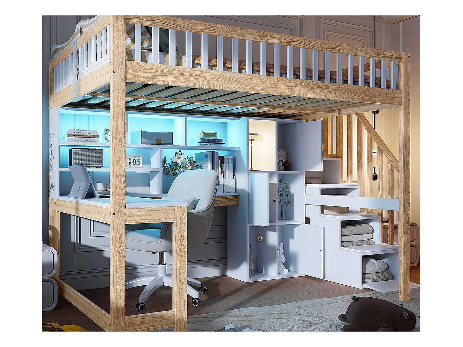 Lit mezzanine 140x200 cm - avec éclairage LED - avec échelle de rangement - avec étagères - avec bureau - Blanc + Naturel (matelas non inclus)