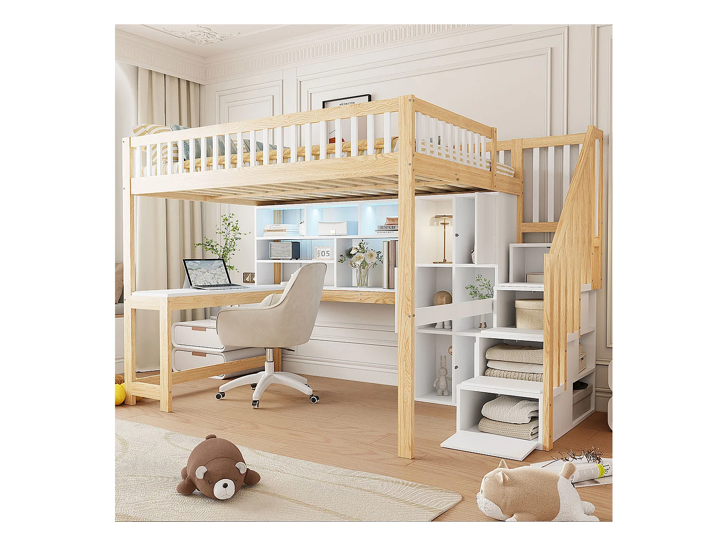 Lit mezzanine 140x200 cm - avec éclairage LED - avec échelle de rangement - avec étagères - avec bureau - Blanc + Naturel (matelas non inclus)