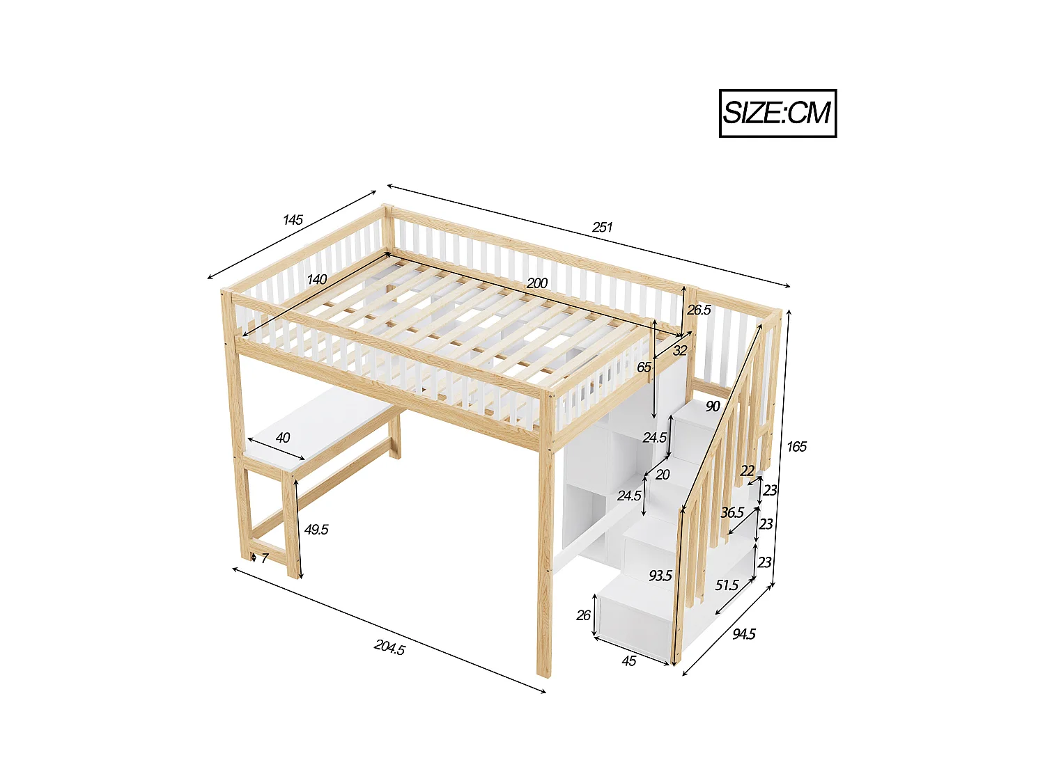 Lit mezzanine 140x200 cm - avec éclairage LED - avec échelle de rangement - avec étagères - avec bureau - Blanc + Naturel (matelas non inclus)