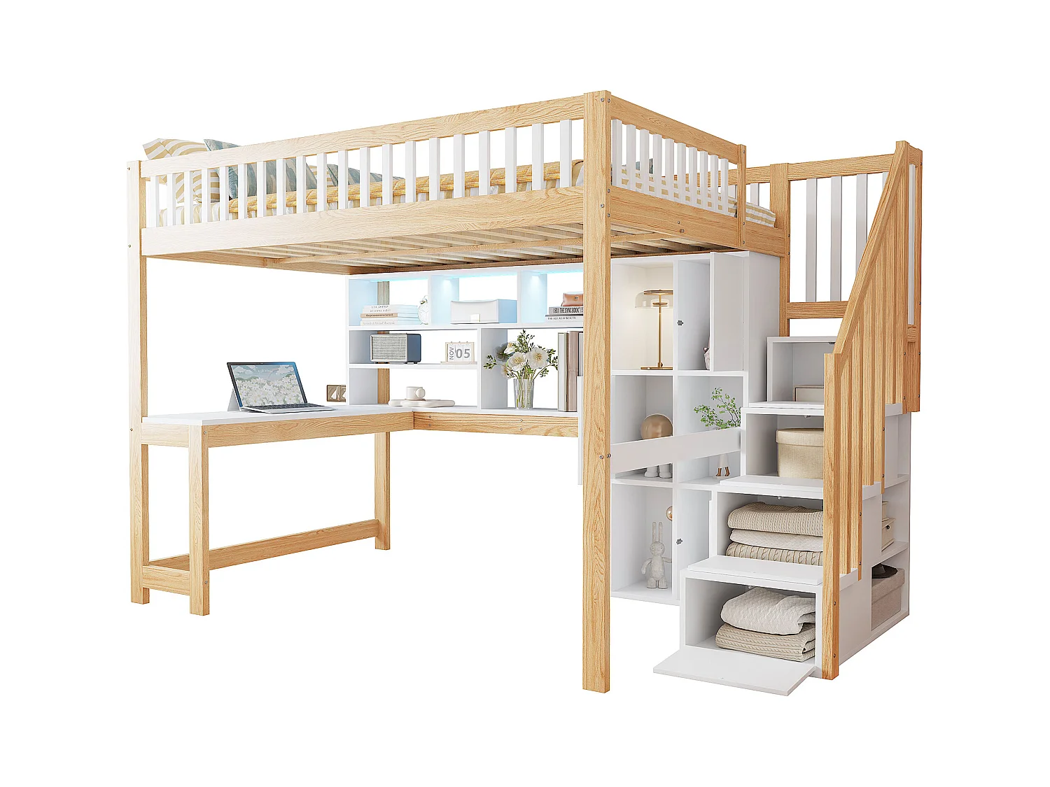 Lit mezzanine 140x200 cm - avec éclairage LED - avec échelle de rangement - avec étagères - avec bureau - Blanc + Naturel (matelas non inclus)