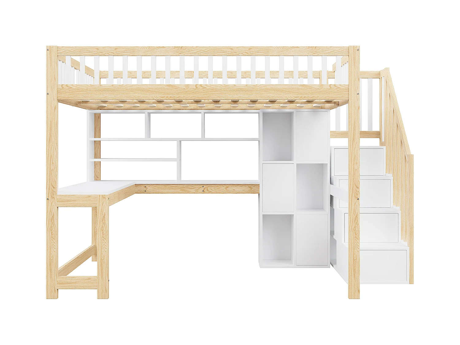 Lit mezzanine 140x200 cm - avec éclairage LED - avec échelle de rangement - avec étagères - avec bureau - Blanc + Naturel (matelas non inclus)