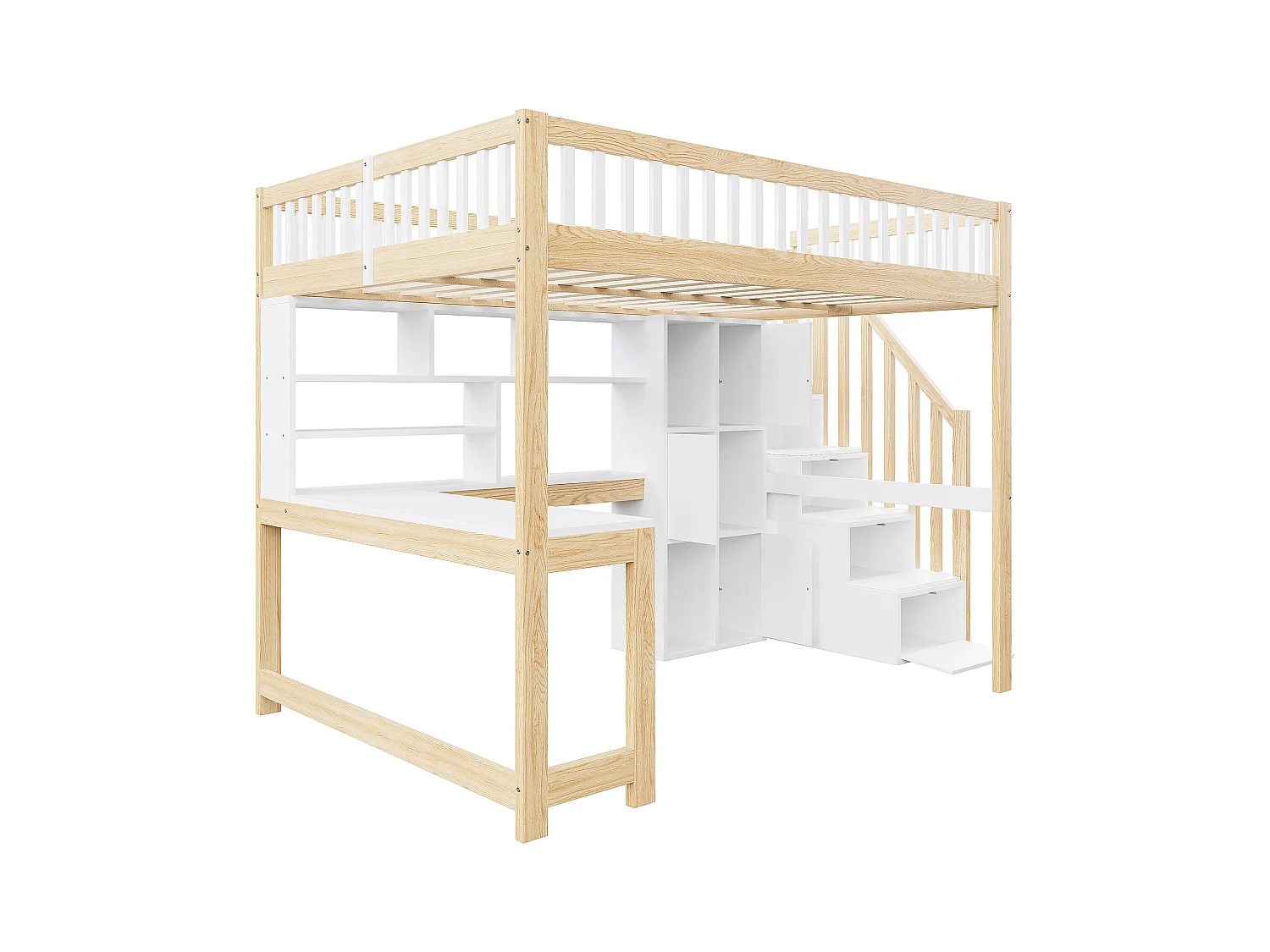 Lit mezzanine 140x200 cm - avec éclairage LED - avec échelle de rangement - avec étagères - avec bureau - Blanc + Naturel (matelas non inclus)