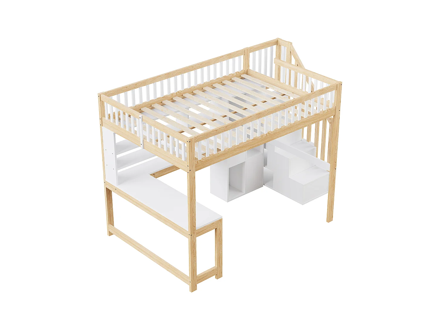 Lit mezzanine 140x200 cm - avec éclairage LED - avec échelle de rangement - avec étagères - avec bureau - Blanc + Naturel (matelas non inclus)