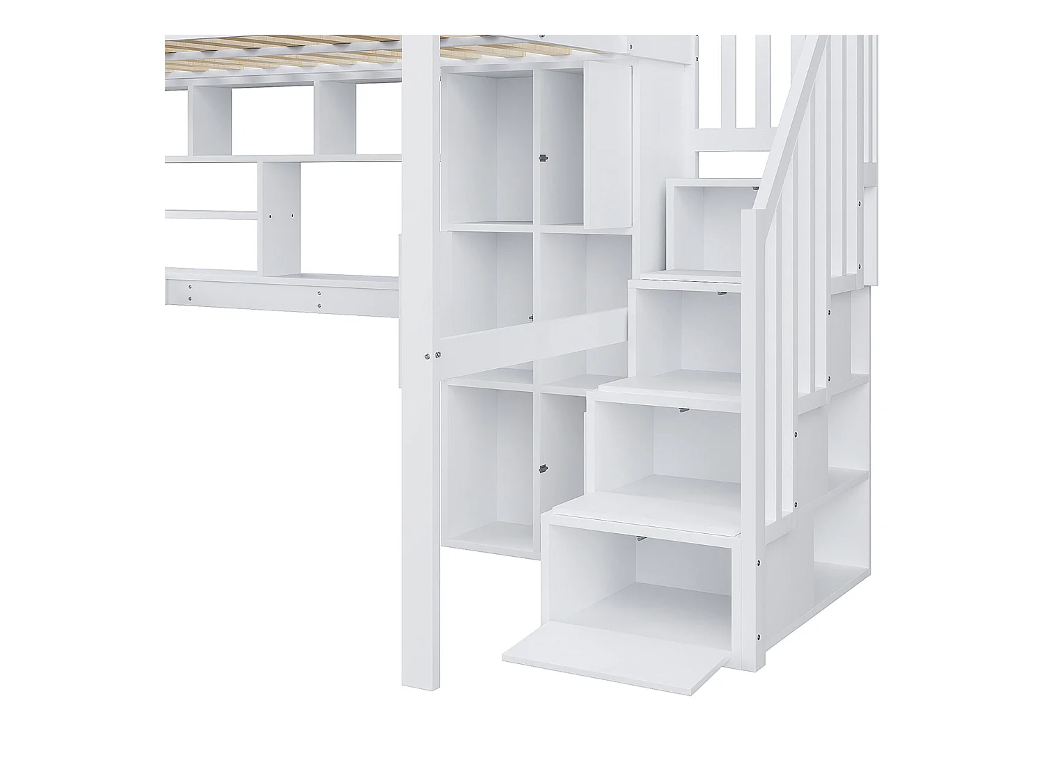 Lit mezzanine 140x200 cm - avec éclairage LED - avec échelle de rangement - avec étagères - avec bureau - Blanc + Naturel (matelas non inclus)