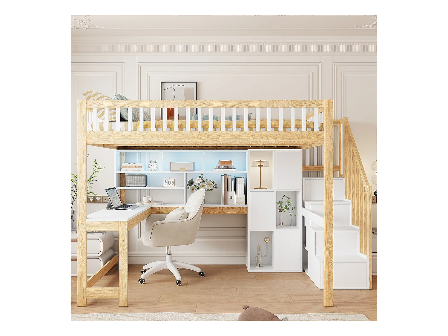 Lit mezzanine 140x200 cm - avec éclairage LED - avec échelle de rangement - avec étagères - avec bureau - Blanc + Naturel (matelas non inclus)