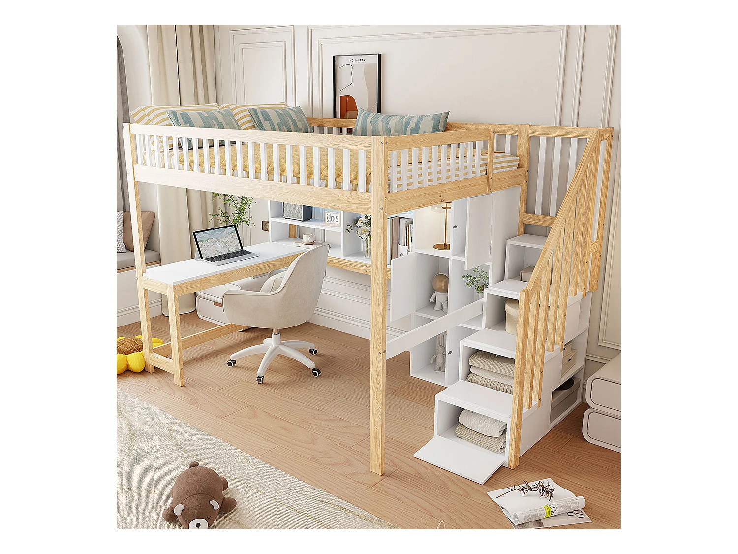 Lit mezzanine 140x200 cm - avec éclairage LED - avec échelle de rangement - avec étagères - avec bureau - Blanc + Naturel (matelas non inclus)