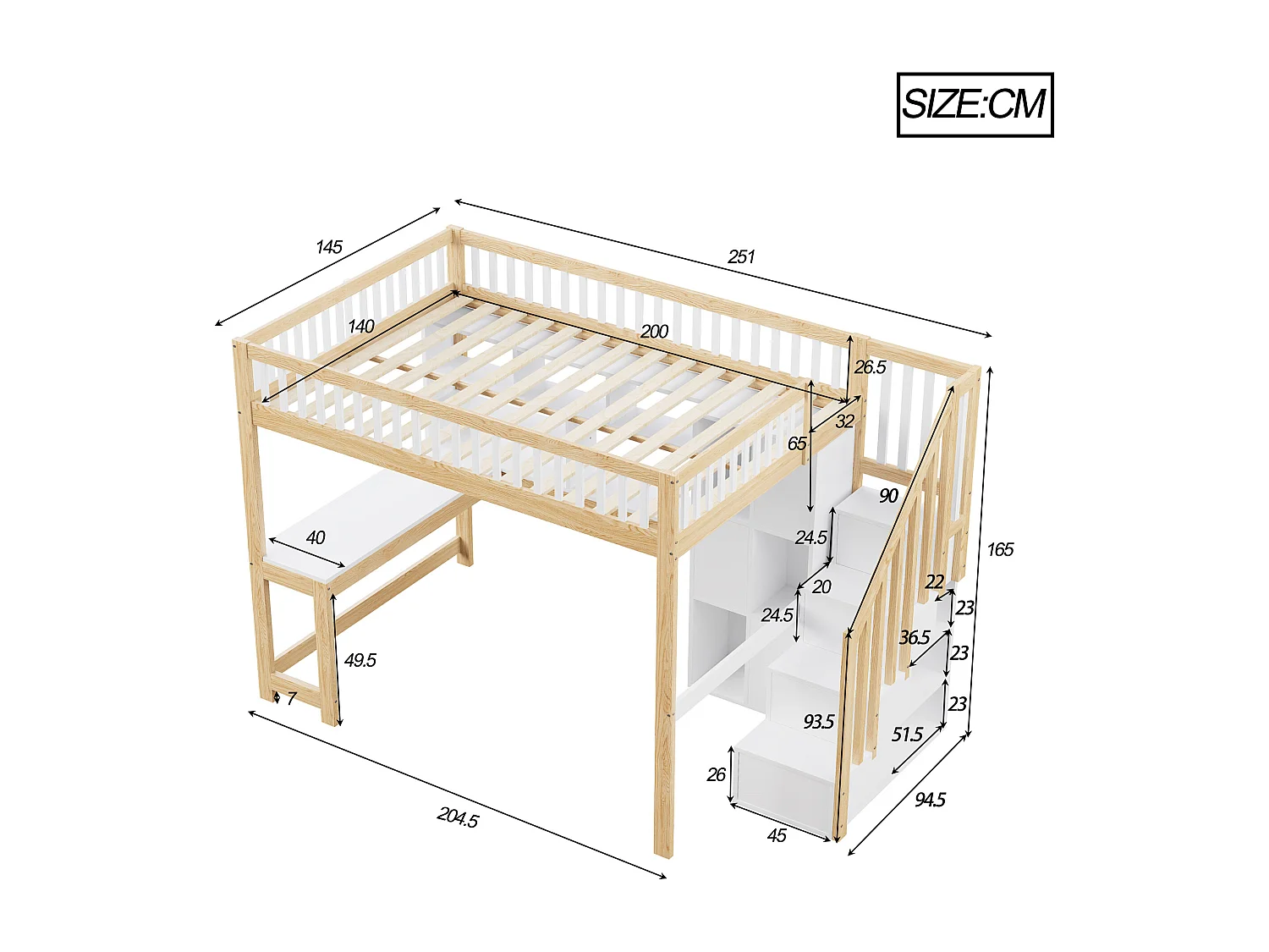 Lit mezzanine 140x200 cm - avec éclairage LED - avec échelle de rangement - avec étagères - avec bureau - Blanc + Naturel (matelas non inclus)