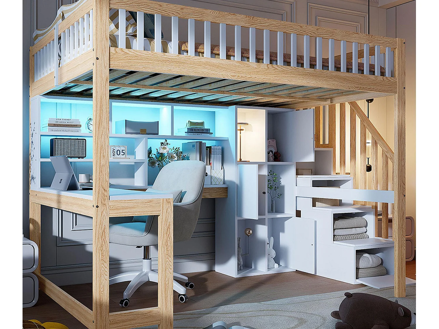 Letto soppalcato 140×200 cm - con illuminazione LED - con scala contenitore - con ripiani - con scrivania - Bianco + Naturale (materasso non incluso)