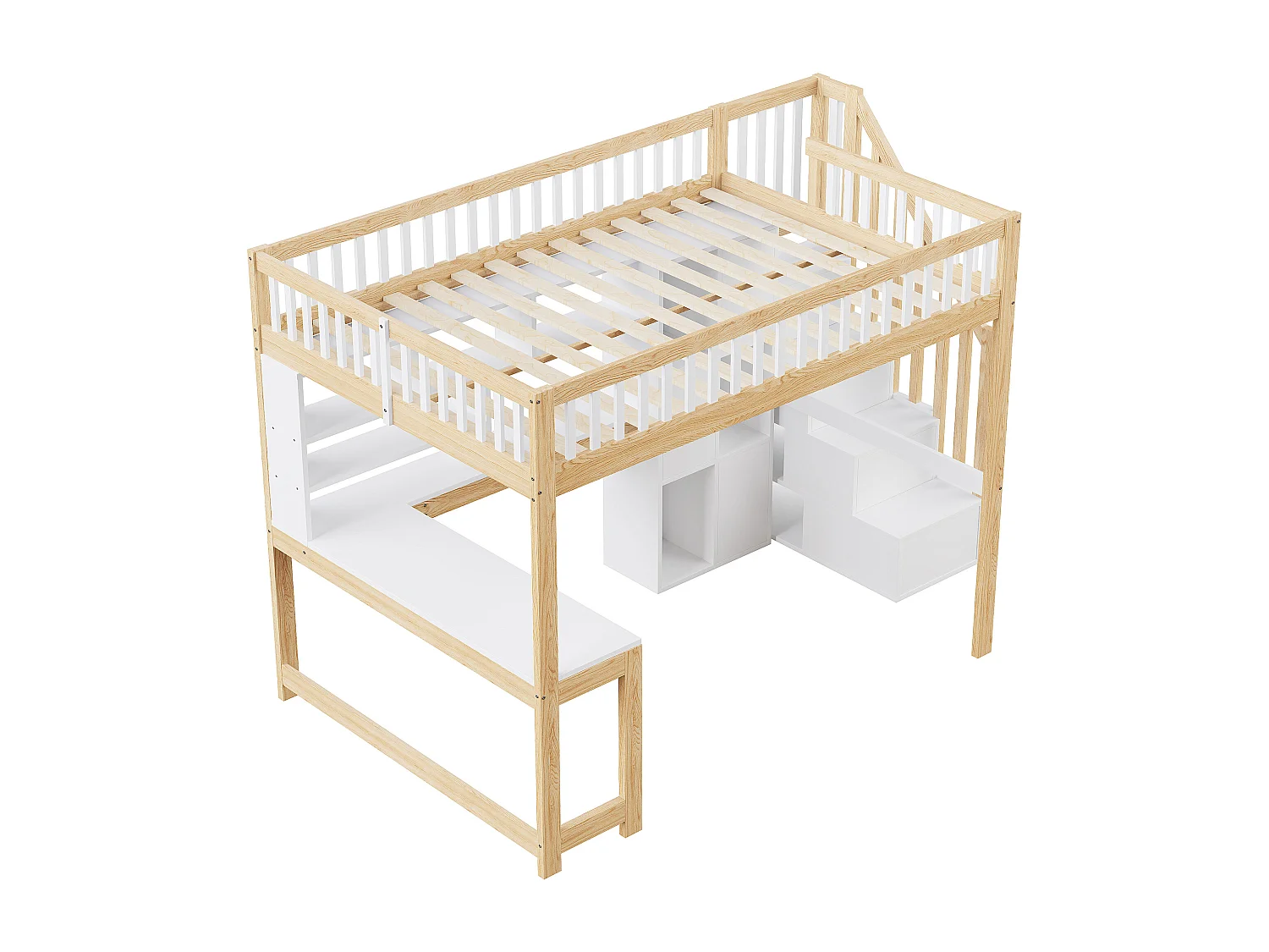 Letto soppalcato 140×200 cm - con illuminazione LED - con scala contenitore - con ripiani - con scrivania - Bianco + Naturale (materasso non incluso)