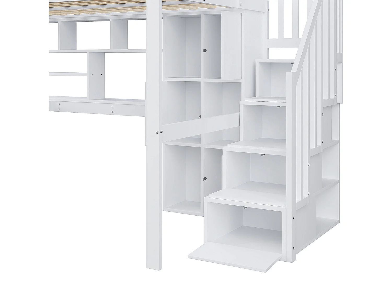 Letto soppalcato 140×200 cm - con illuminazione LED - con scala contenitore - con ripiani - con scrivania - Bianco + Naturale (materasso non incluso)
