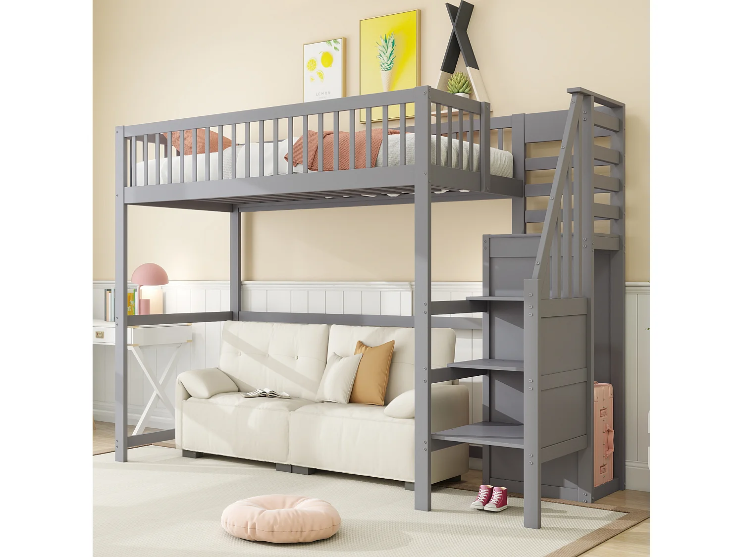 Cama alta infantil - 90 x 200 - con escalera + armario - madera + MDF - gris