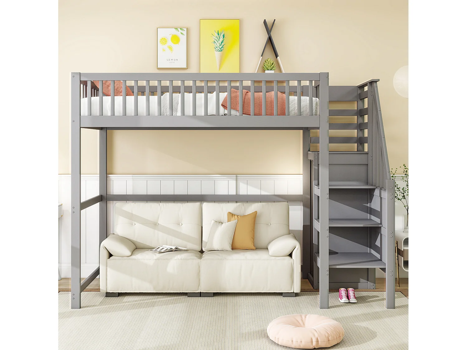 Cama alta infantil - 90 x 200 - con escalera + armario - madera + MDF - gris