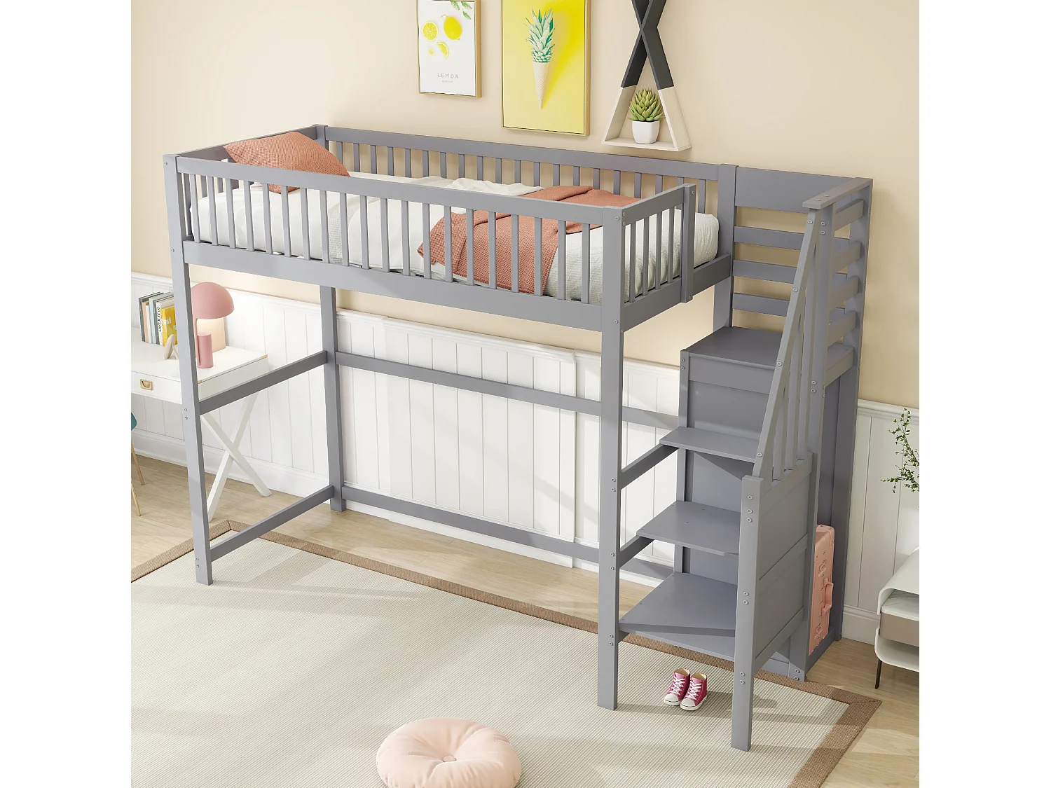 Cama alta infantil - 90 x 200 - con escalera + armario - madera + MDF - gris
