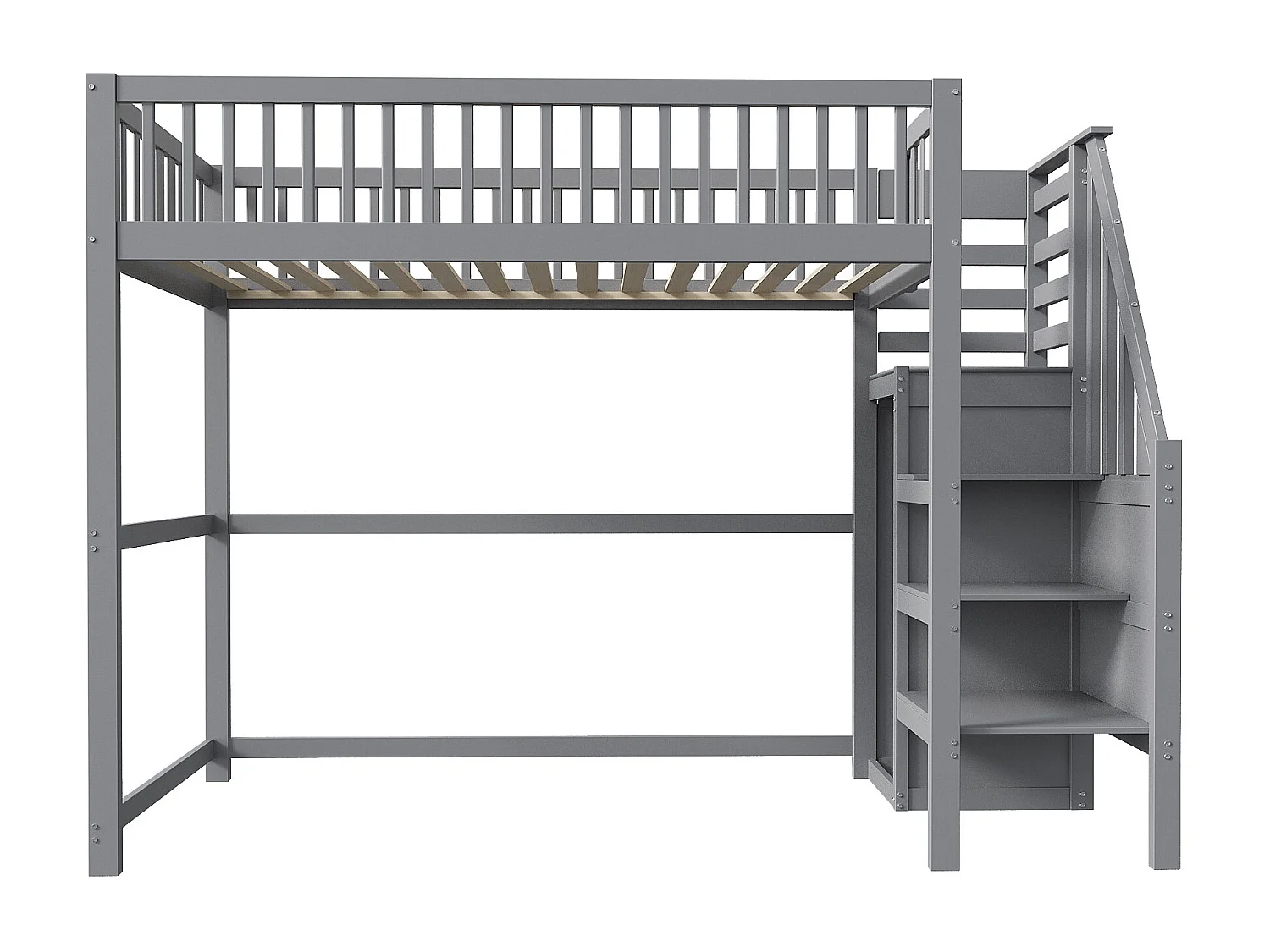 Cama alta infantil - 90 x 200 - con escalera + armario - madera + MDF - gris
