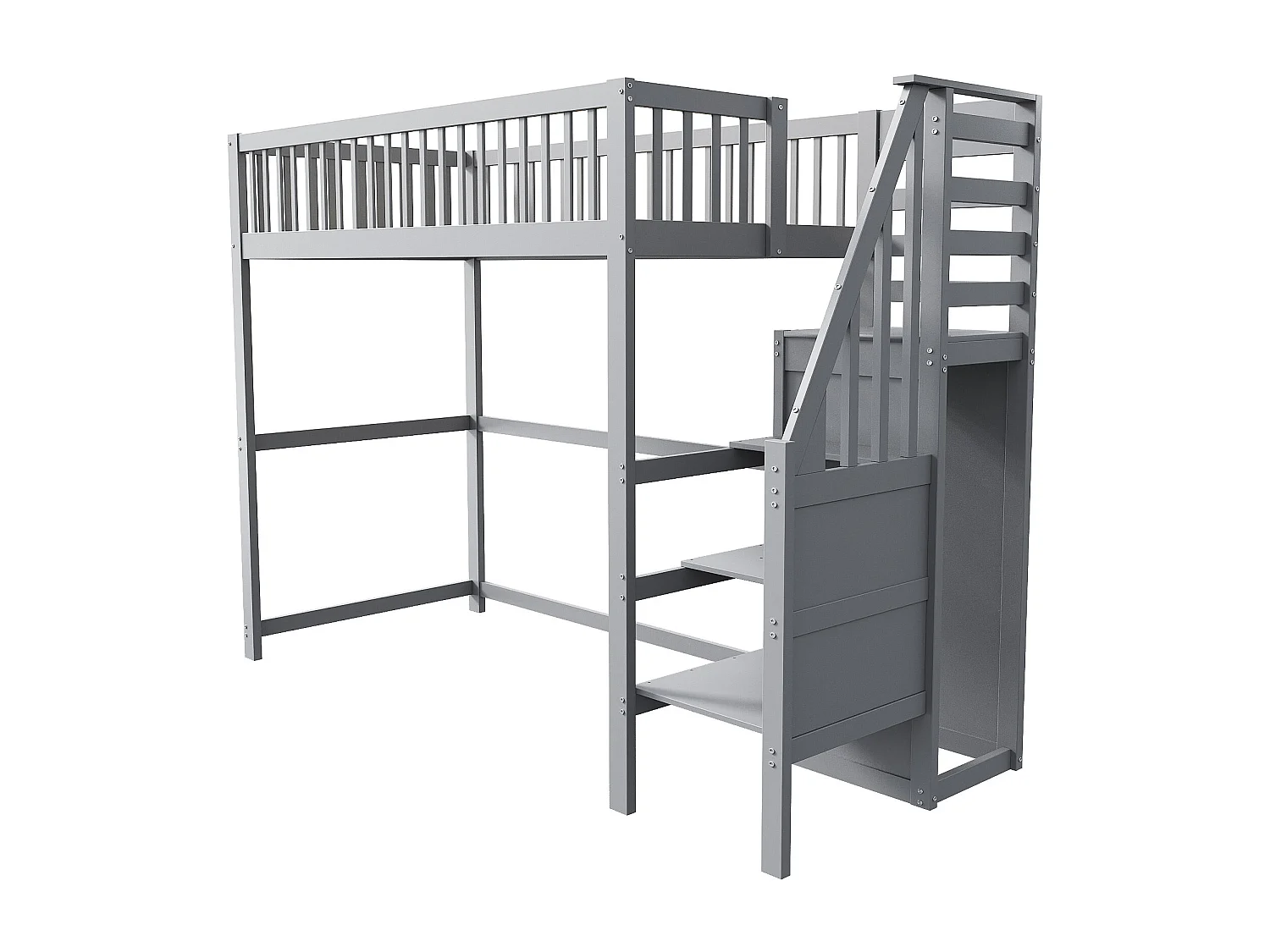 Cama alta infantil - 90 x 200 - con escalera + armario - madera + MDF - gris