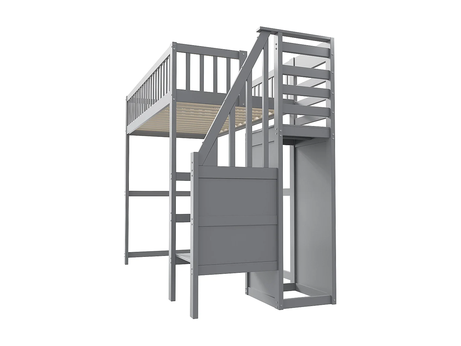 Cama alta infantil - 90 x 200 - con escalera + armario - madera + MDF - gris