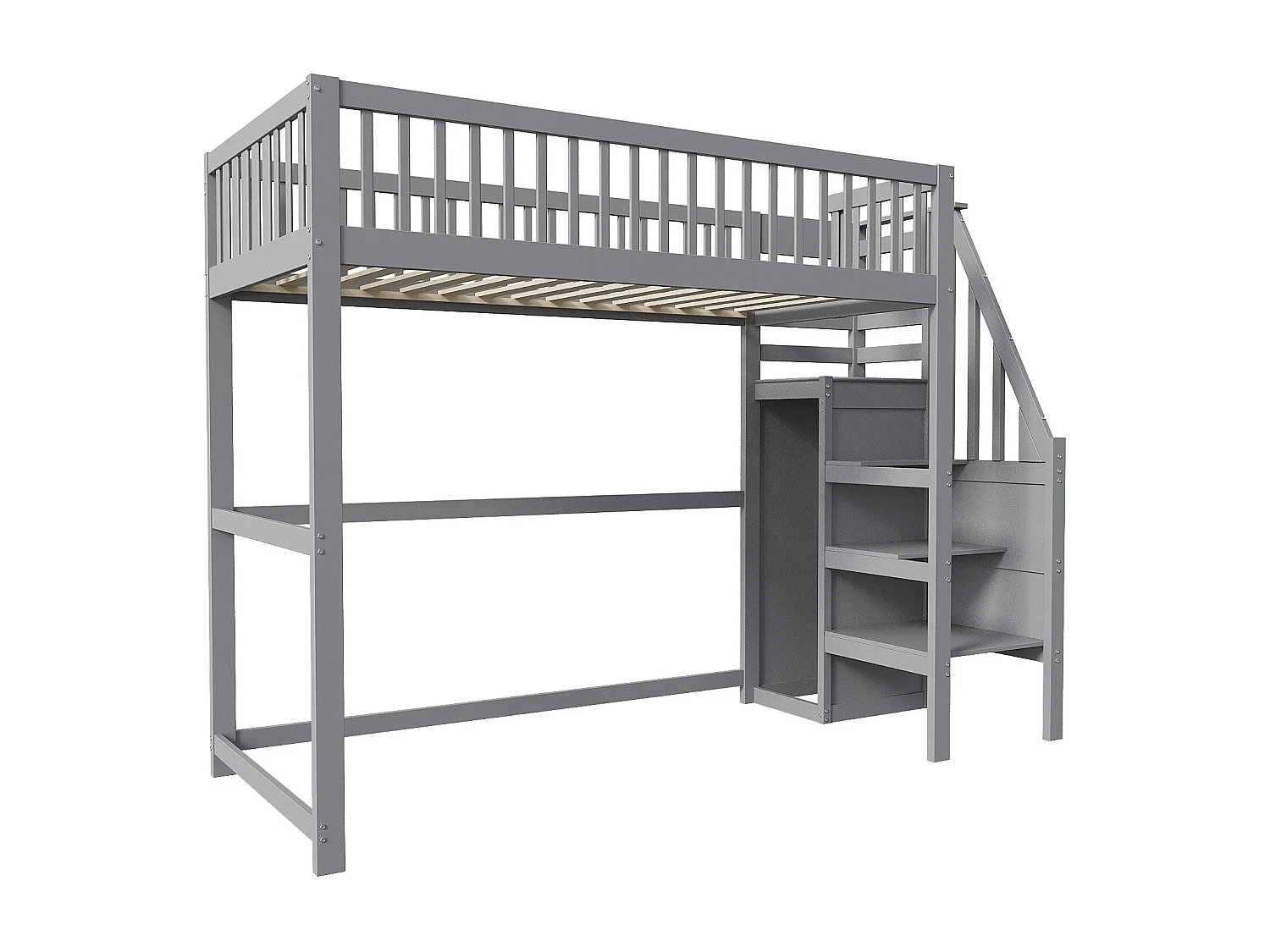 Cama alta infantil - 90 x 200 - con escalera + armario - madera + MDF - gris