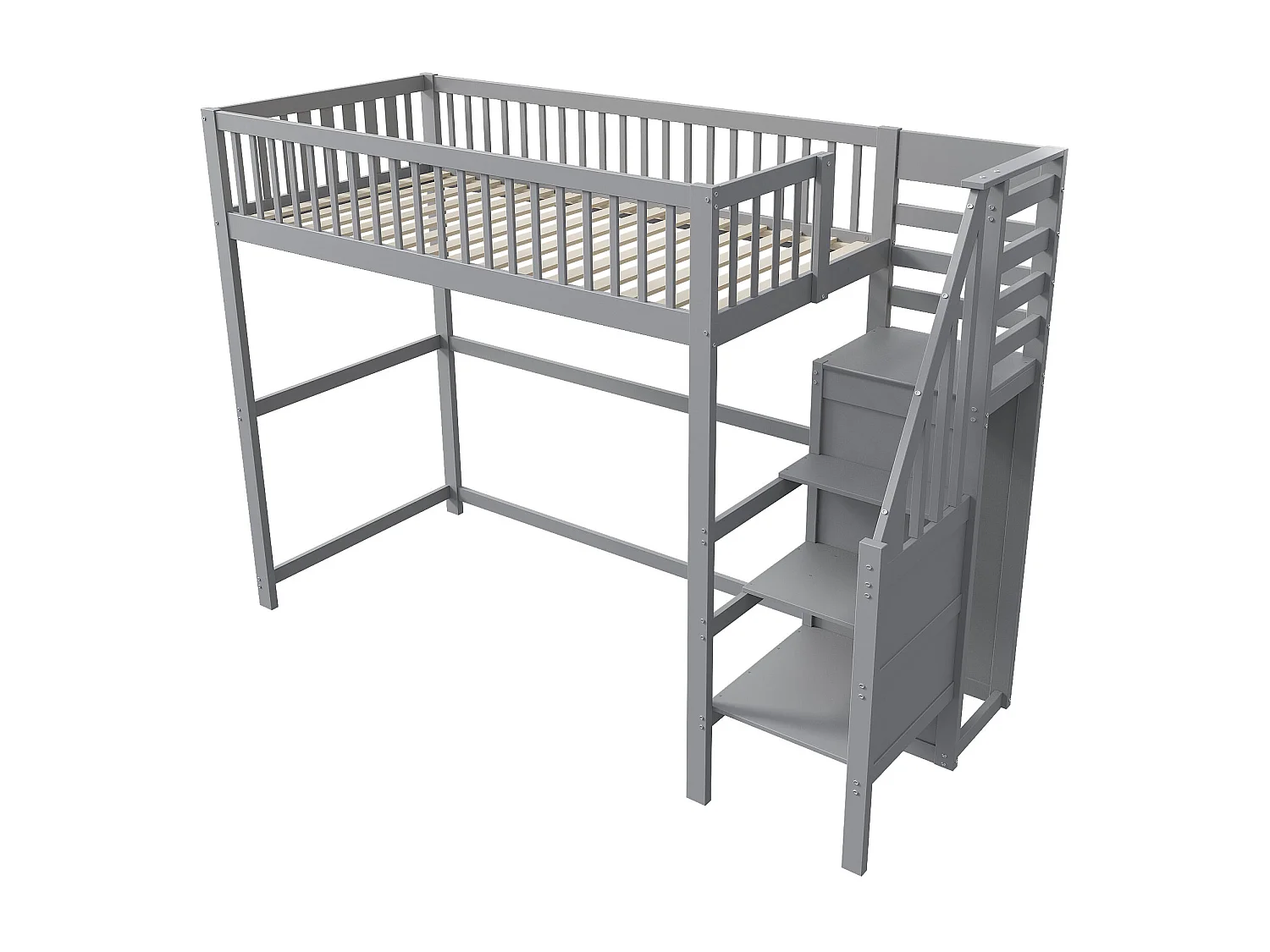 Cama alta infantil - 90 x 200 - con escalera + armario - madera + MDF - gris