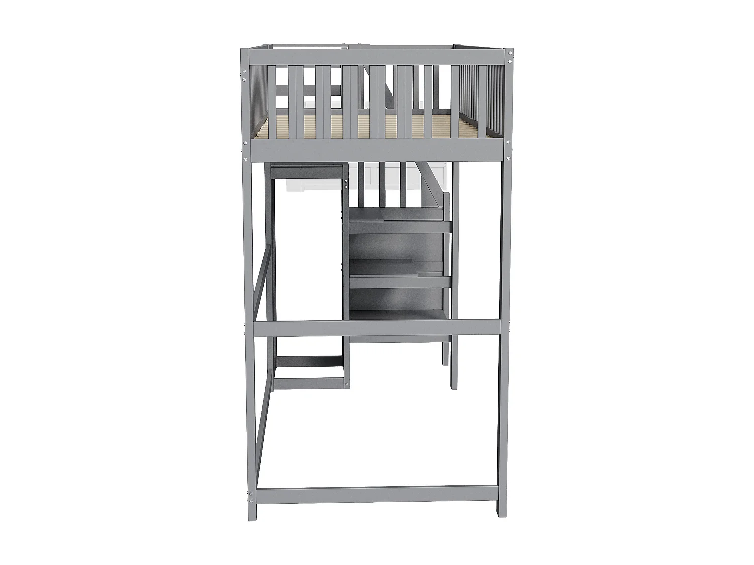 Cama alta infantil - 90 x 200 - con escalera + armario - madera + MDF - gris