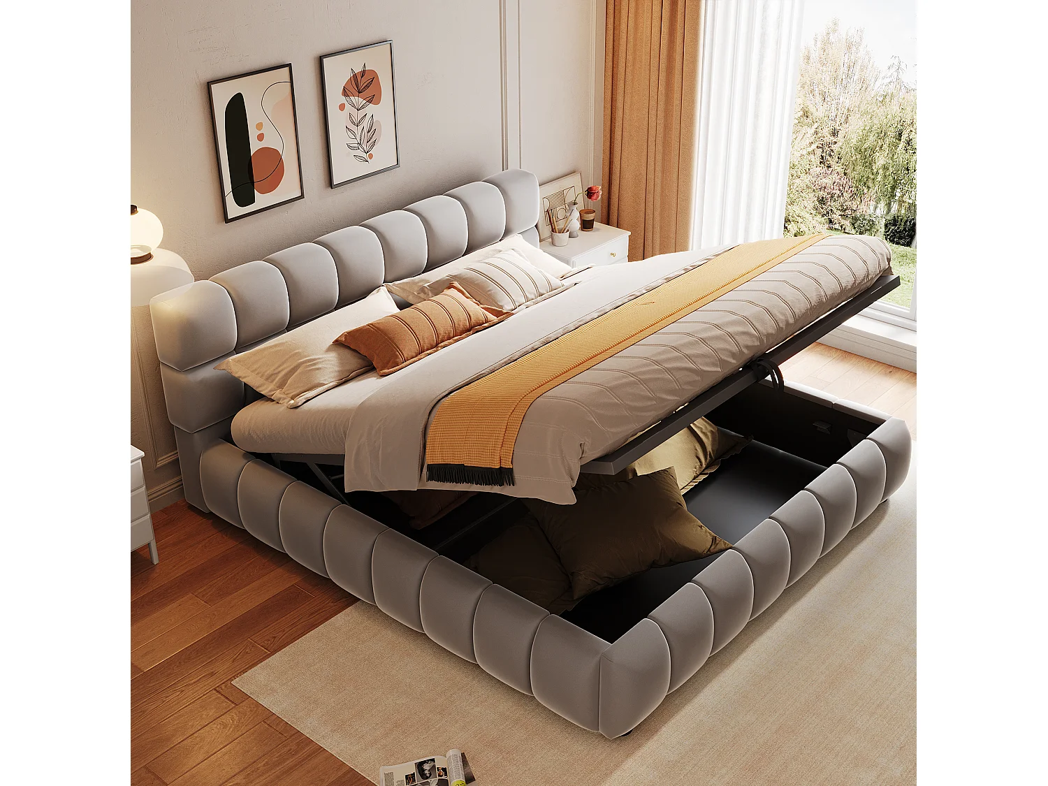 Lit coffre rembourré 140x200 cm - lit double - Velours - Gris (matelas non inclus)